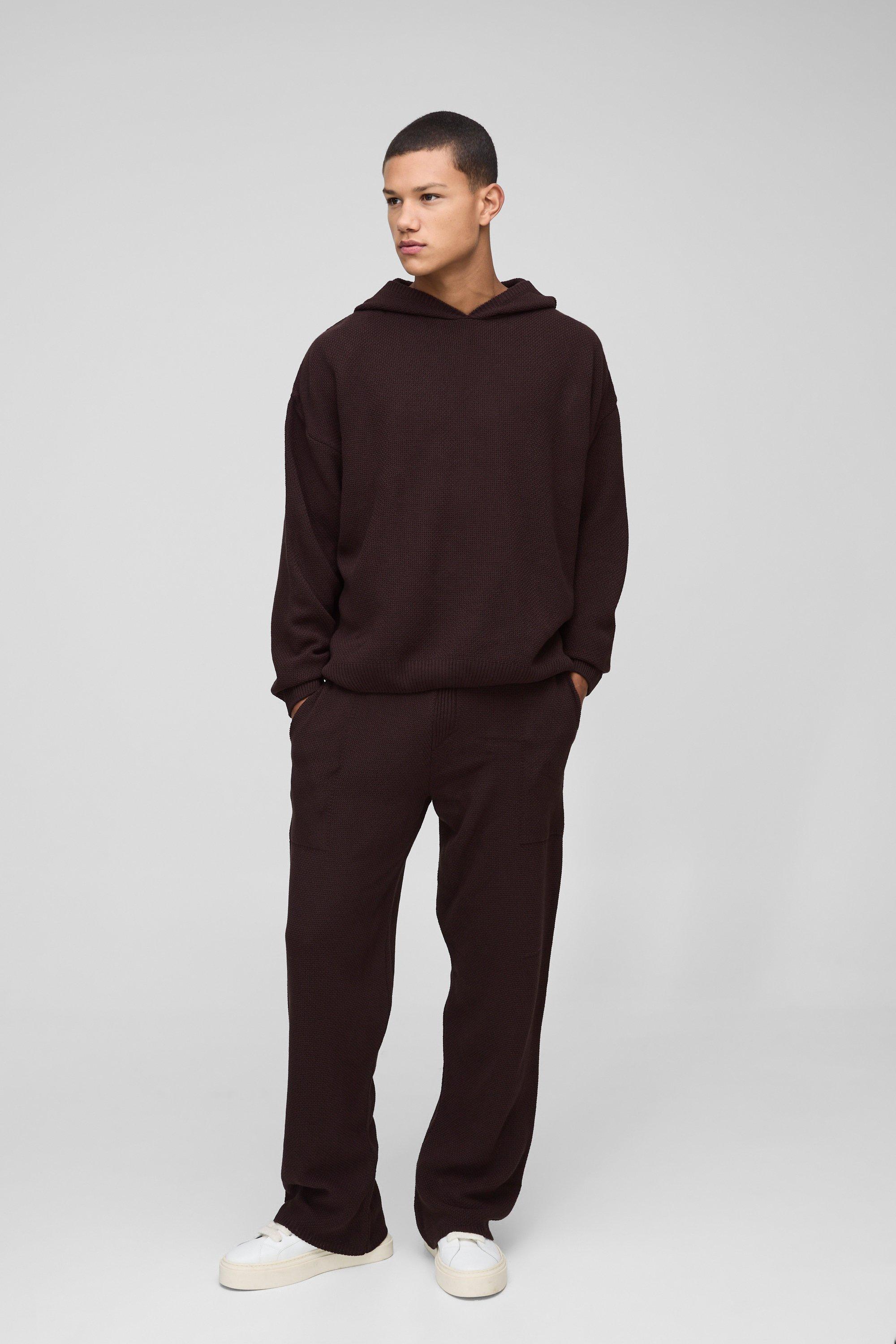 Tuta sportiva oversize in maglia con cuciture e cappuccio, Brown