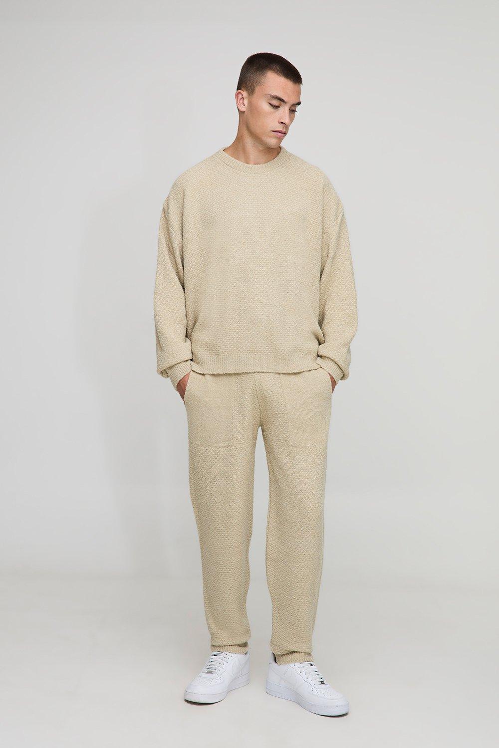 Tuta sportiva in felpa squadrata oversize in maglia in bouclé con cuciture a canestro, Beige