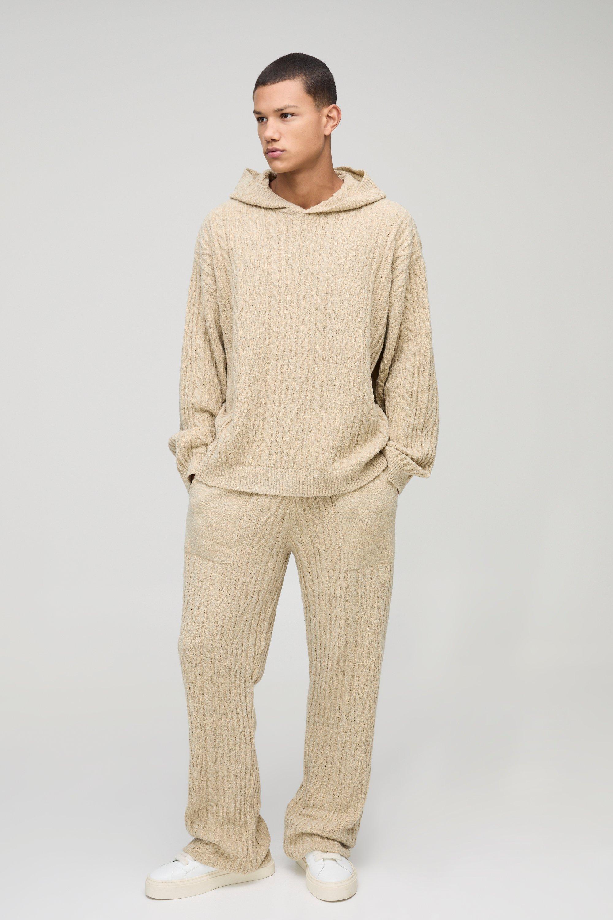 Tuta sportiva squadrata oversize in maglia intrecciata mista in bouclé con cappuccio, Beige