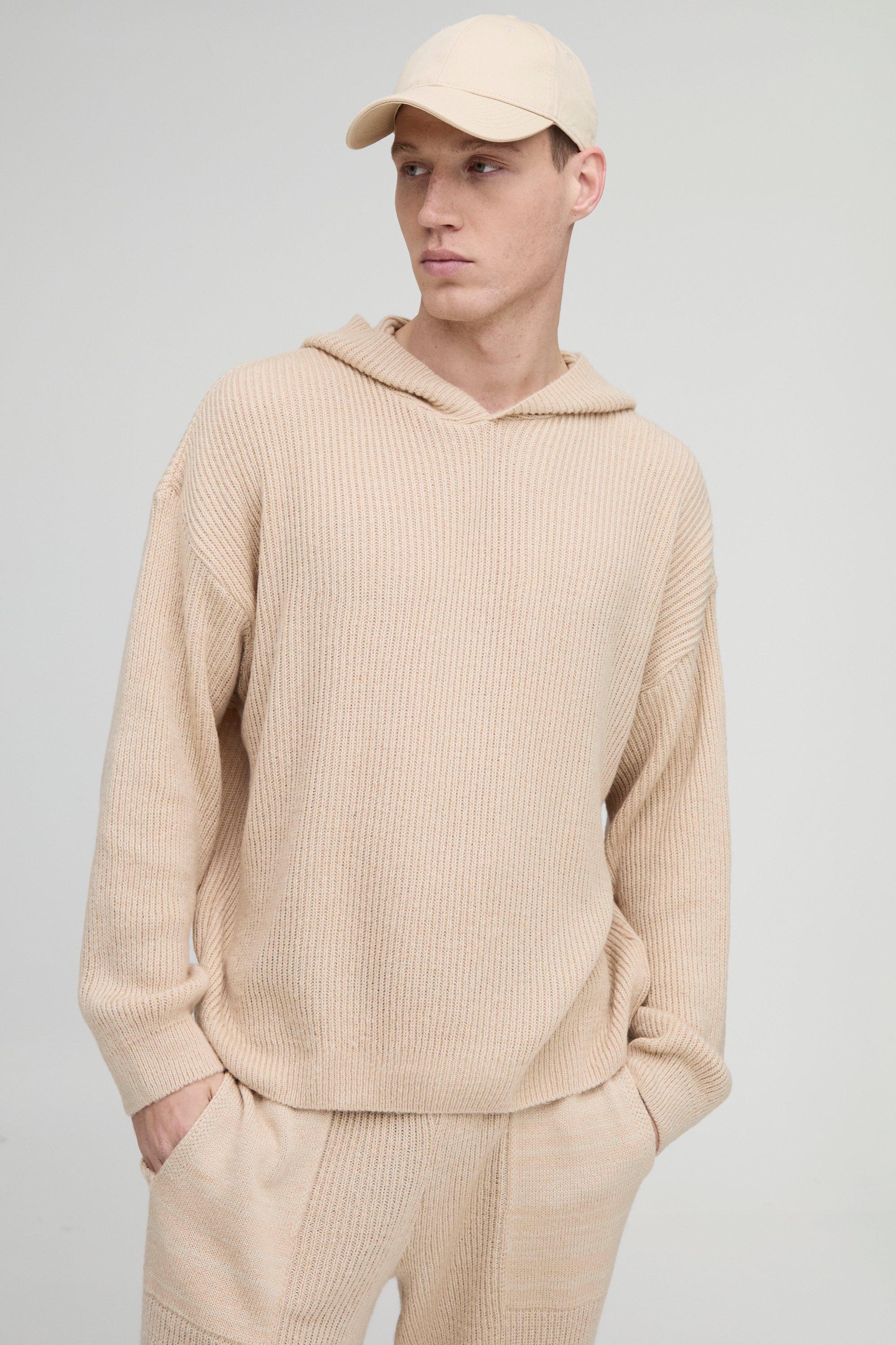 Felpa squadrata oversize in maglia spazzolata a coste con cappuccio, Beige