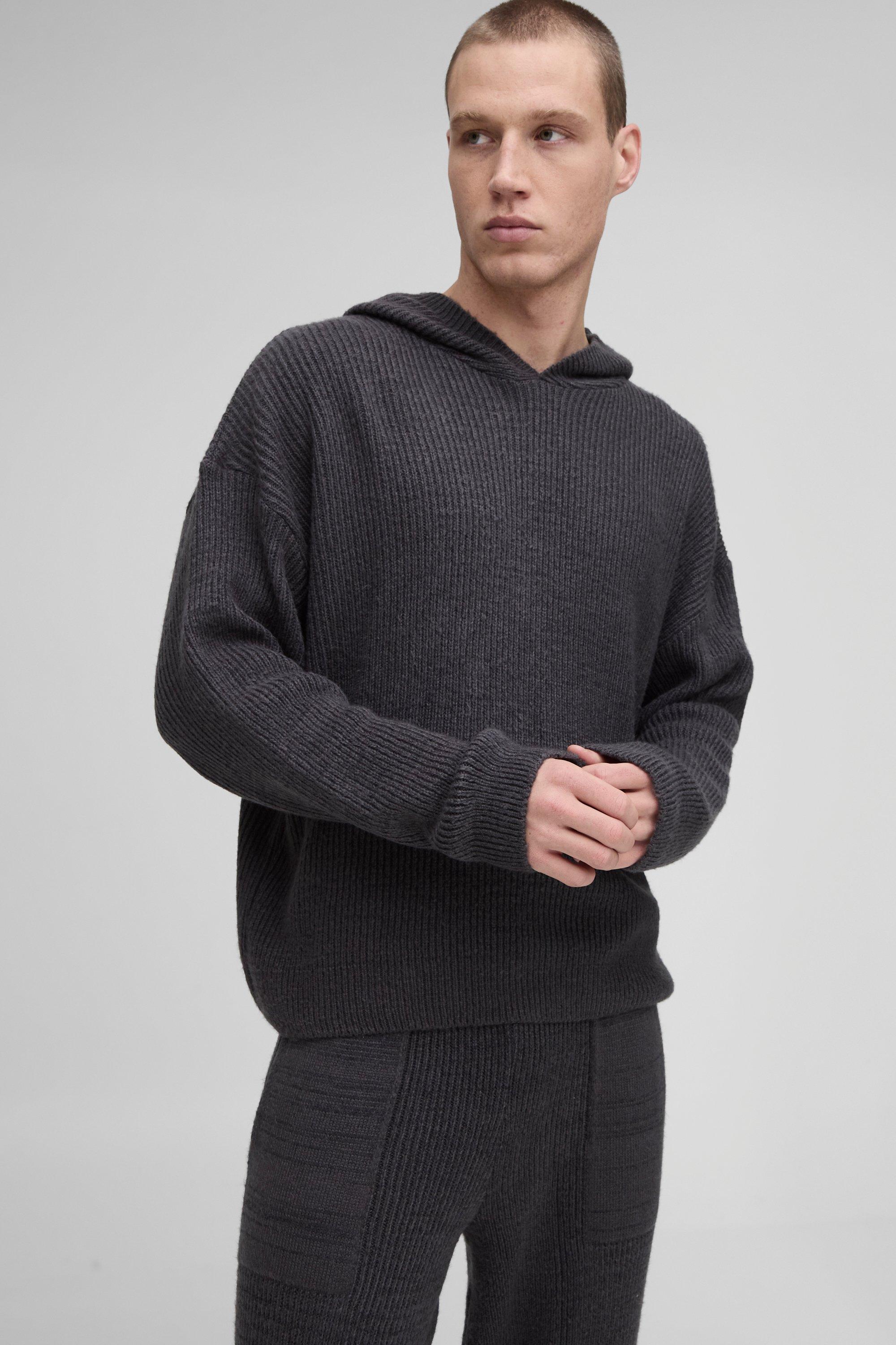Felpa squadrata oversize in maglia spazzolata a coste con cappuccio, Grigio