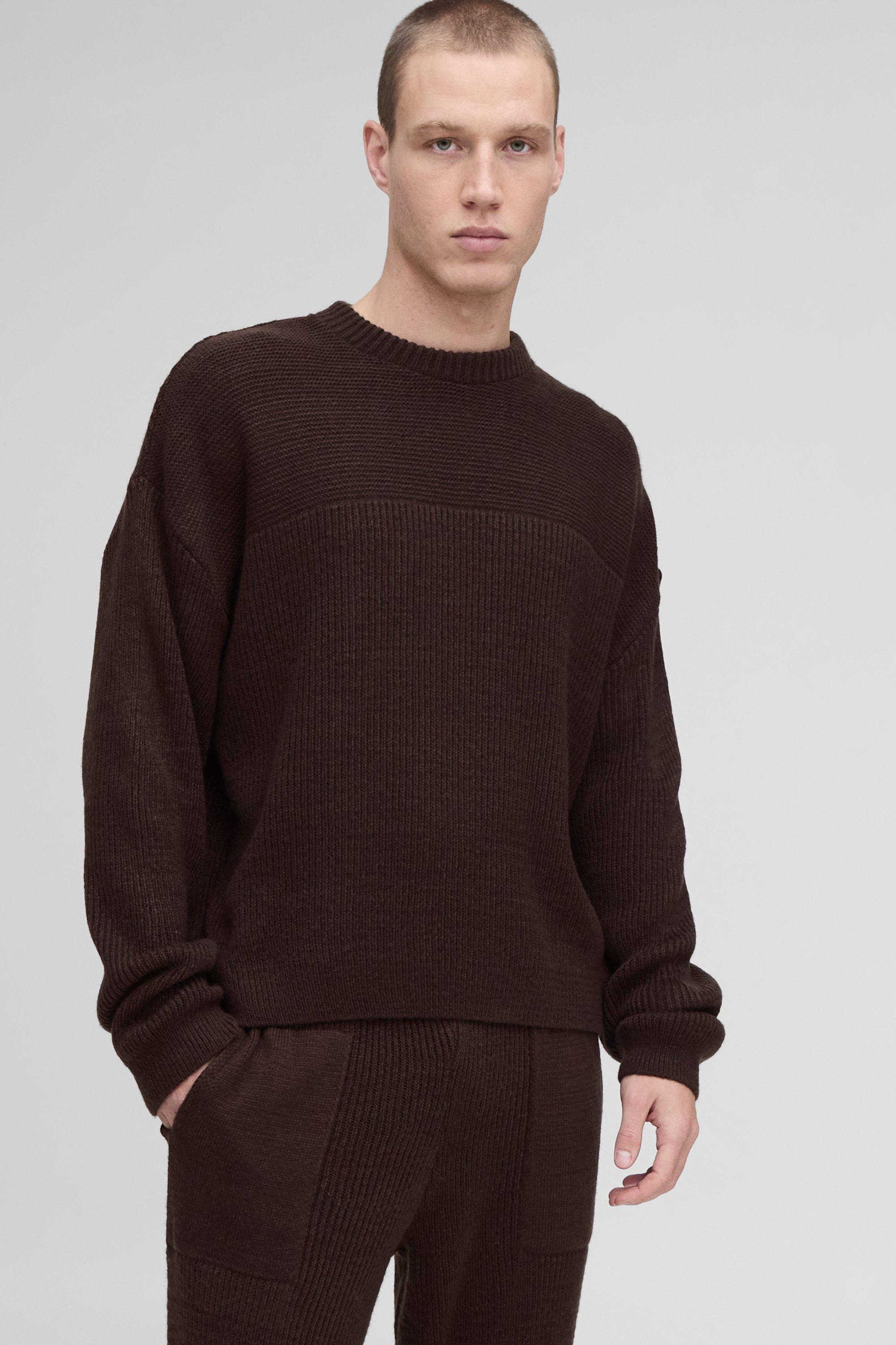 Mens Brown Oversized Boxy Brushed Rib Knitted Jumper, Brown