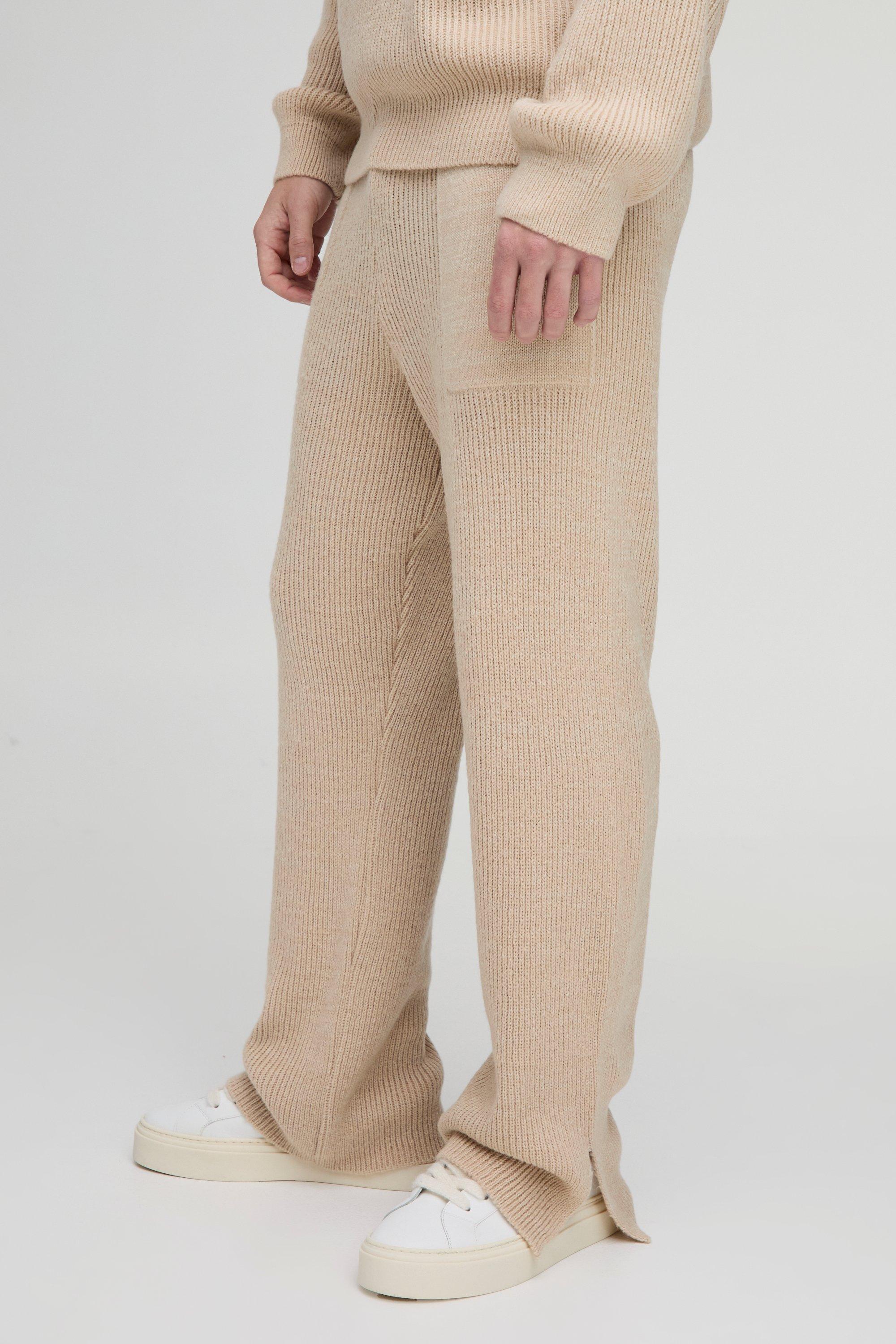 Pantaloni tuta rilassati in maglia spazzolata a coste con spacco sul fondo, Beige
