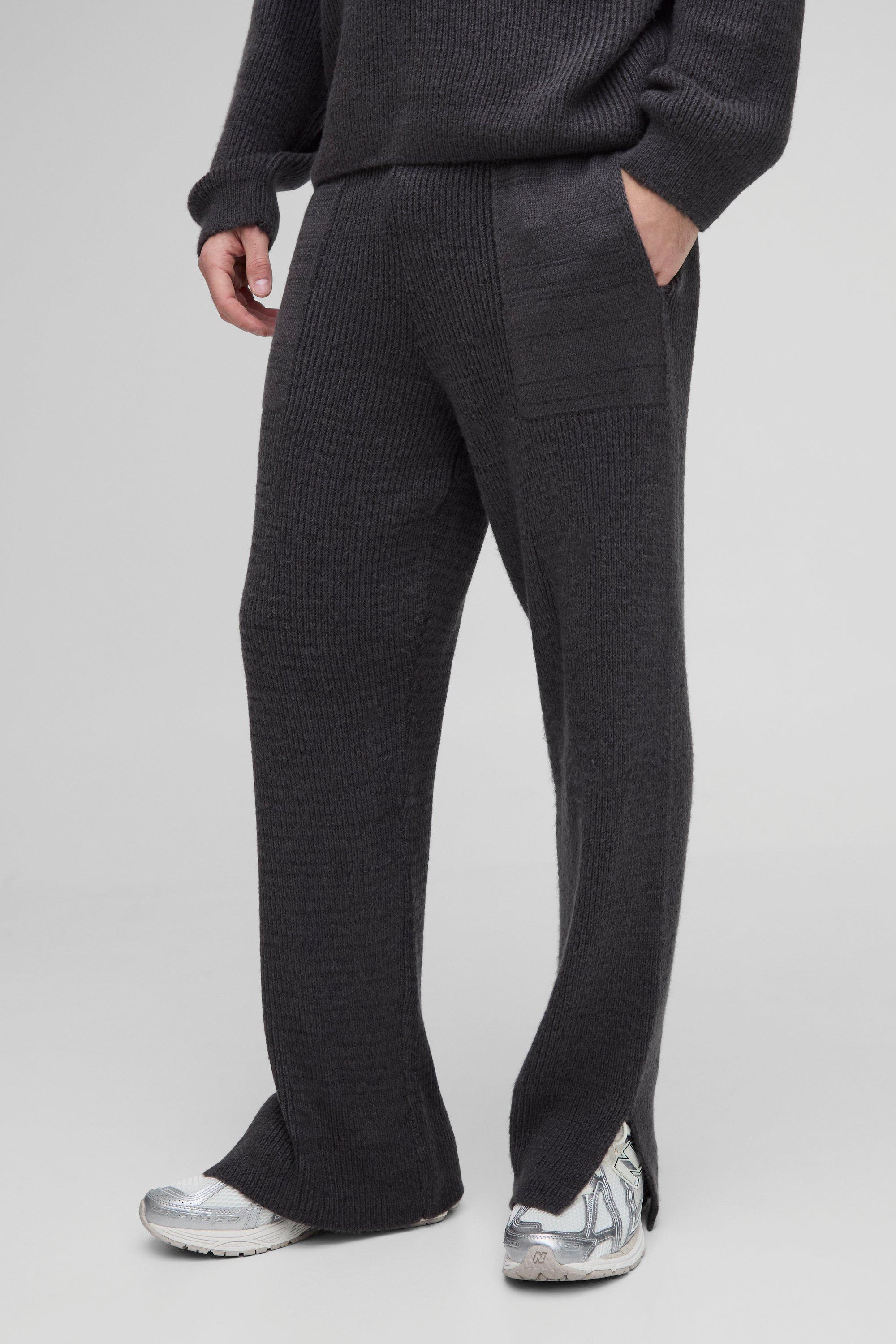 Mens Grey Relaxed Split Hem Brushed Rib Knitted Joggers, Grey