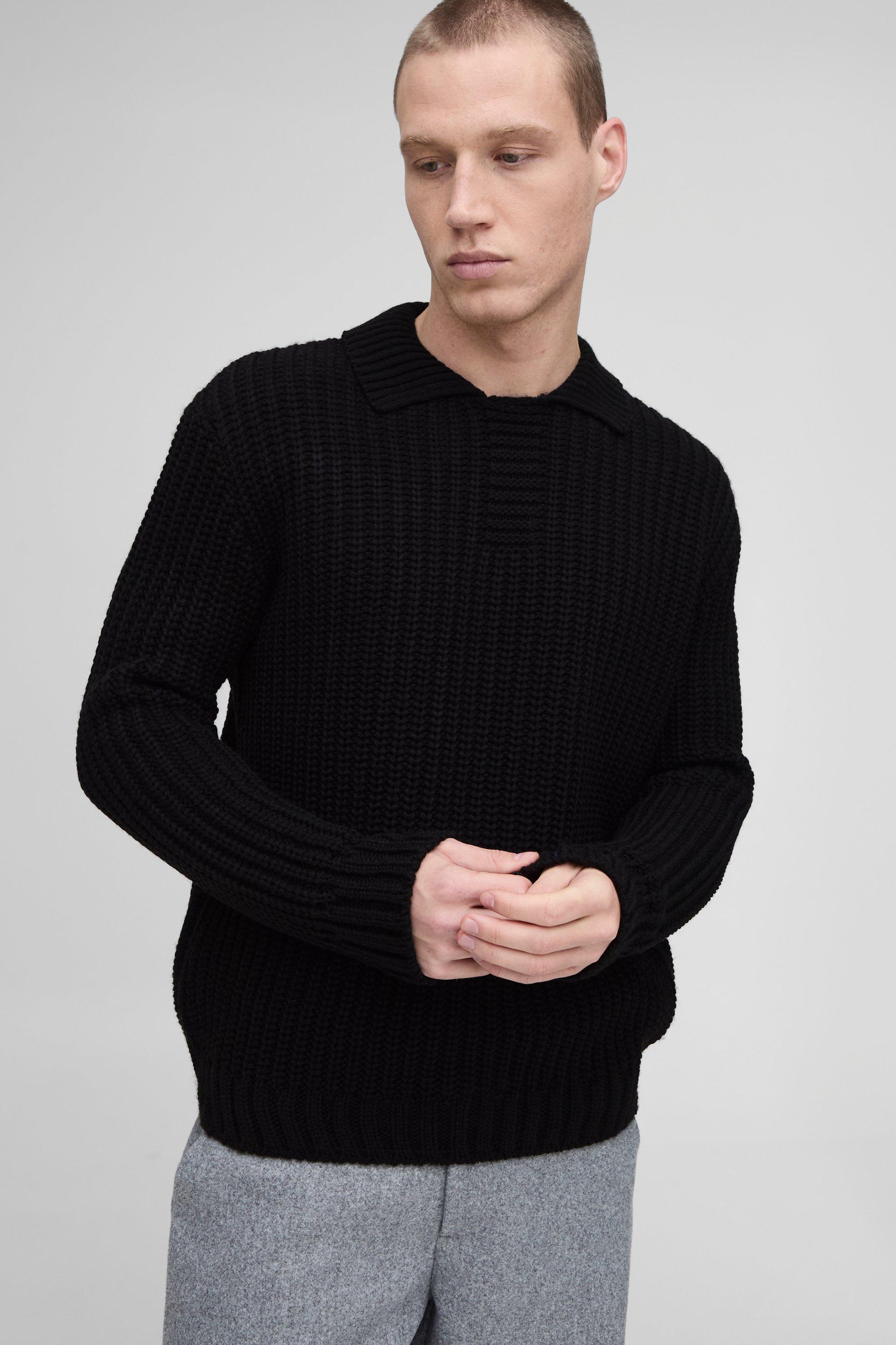 Polo oversize in maglia spessa con falsatura, Nero