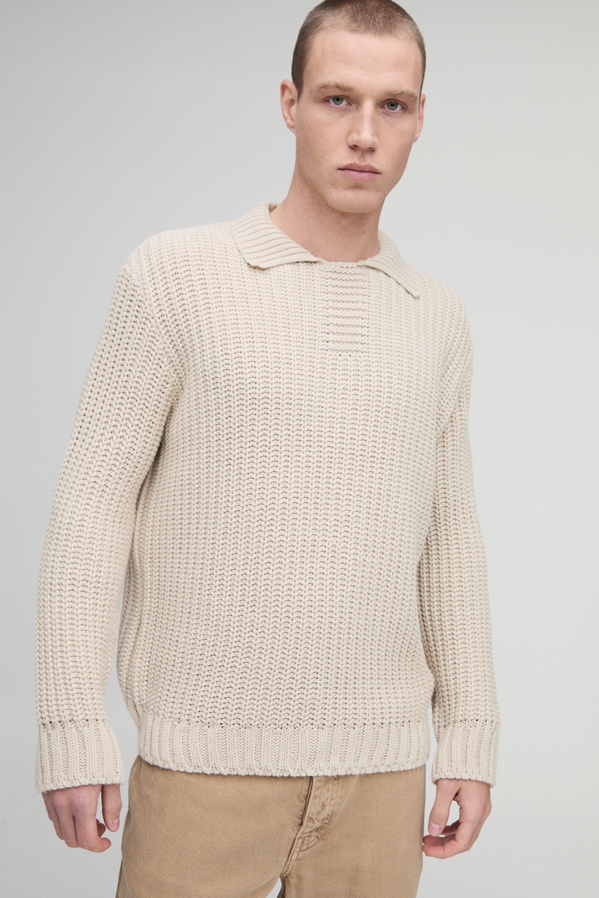 Polo oversize in maglia spessa con falsatura, Beige