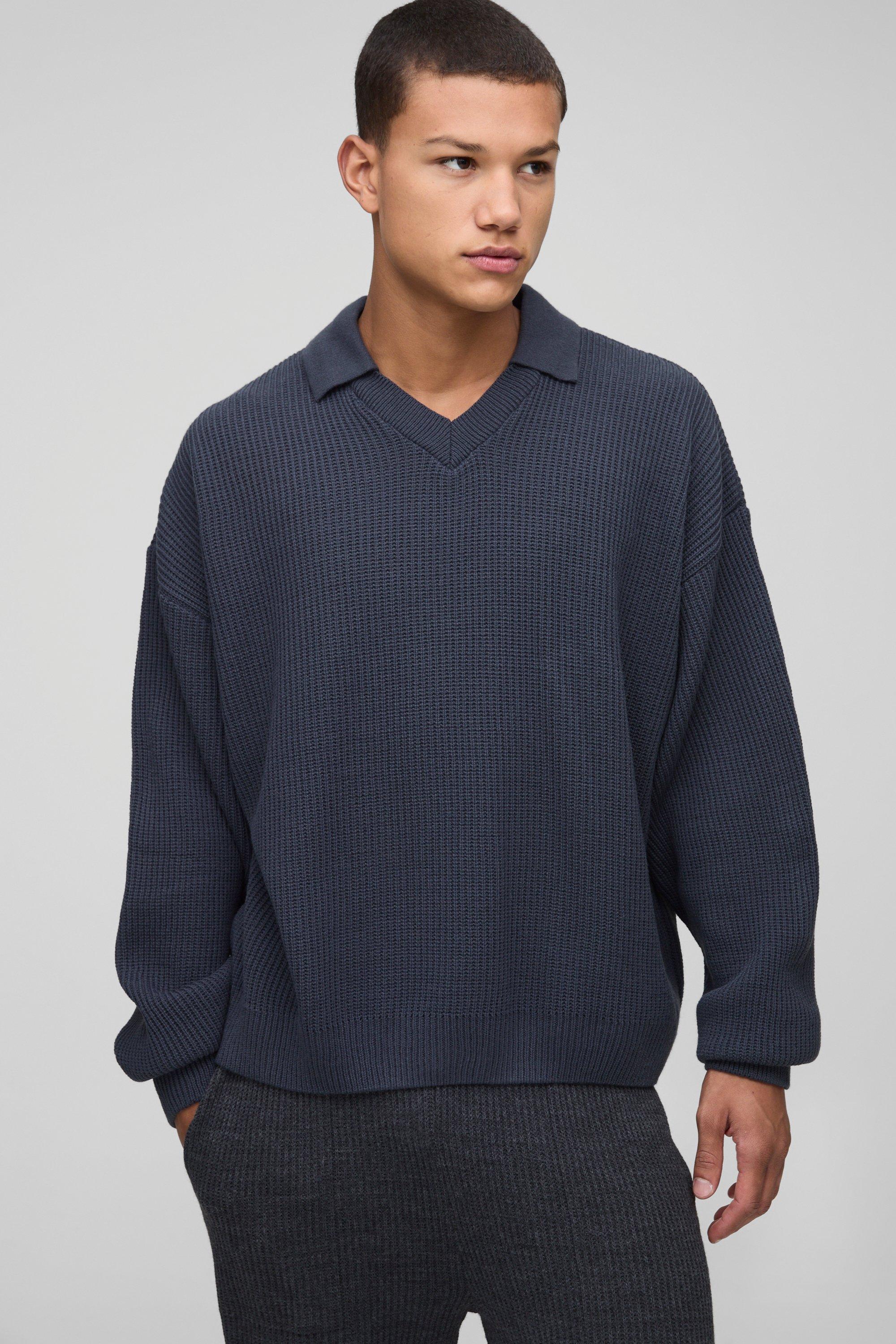 Maglione squadrato oversize in maglia con doppio colletto, Grigio
