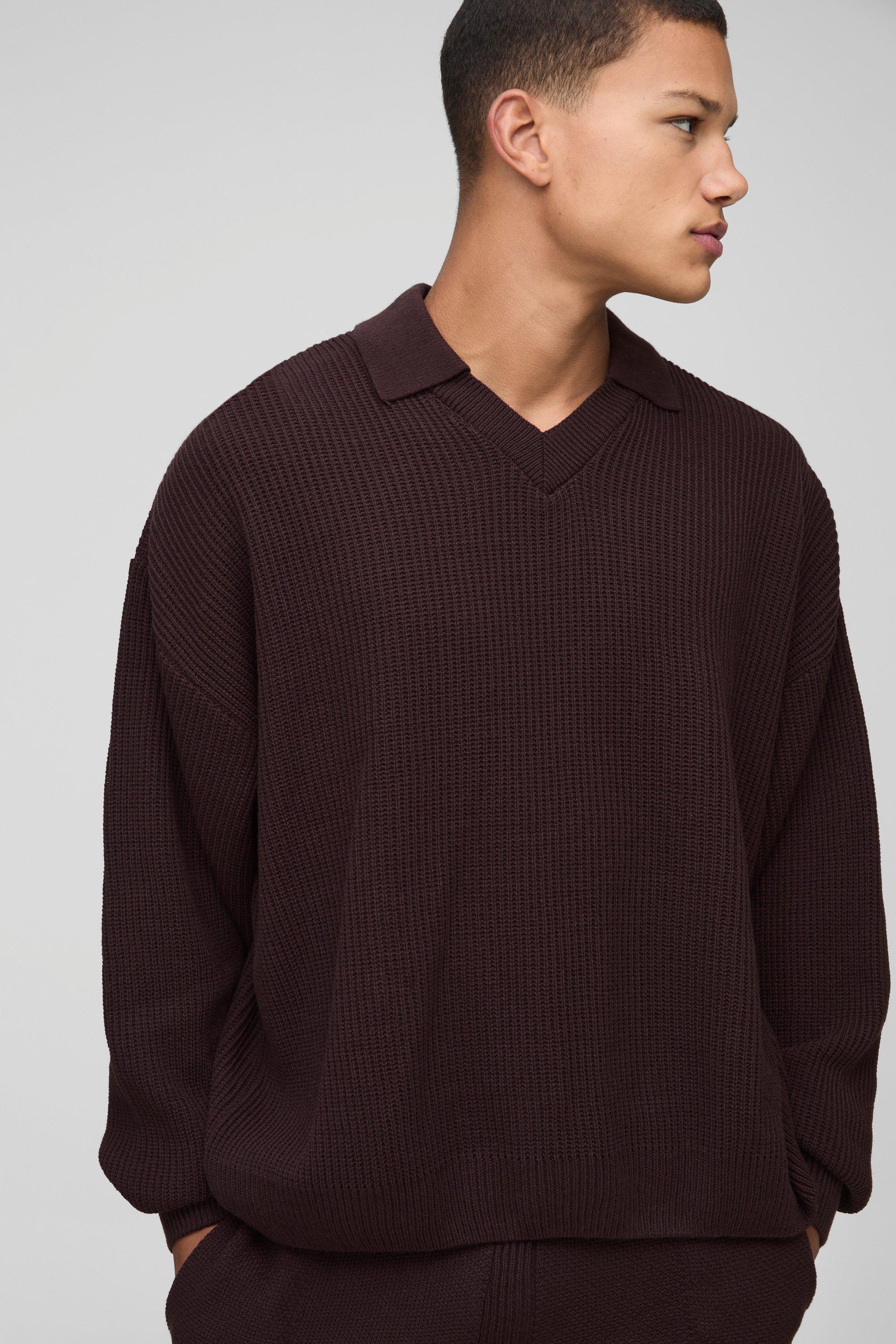 Mens Brown Oversized Boxy Double Collar Detail Knitted Jumper, Brown