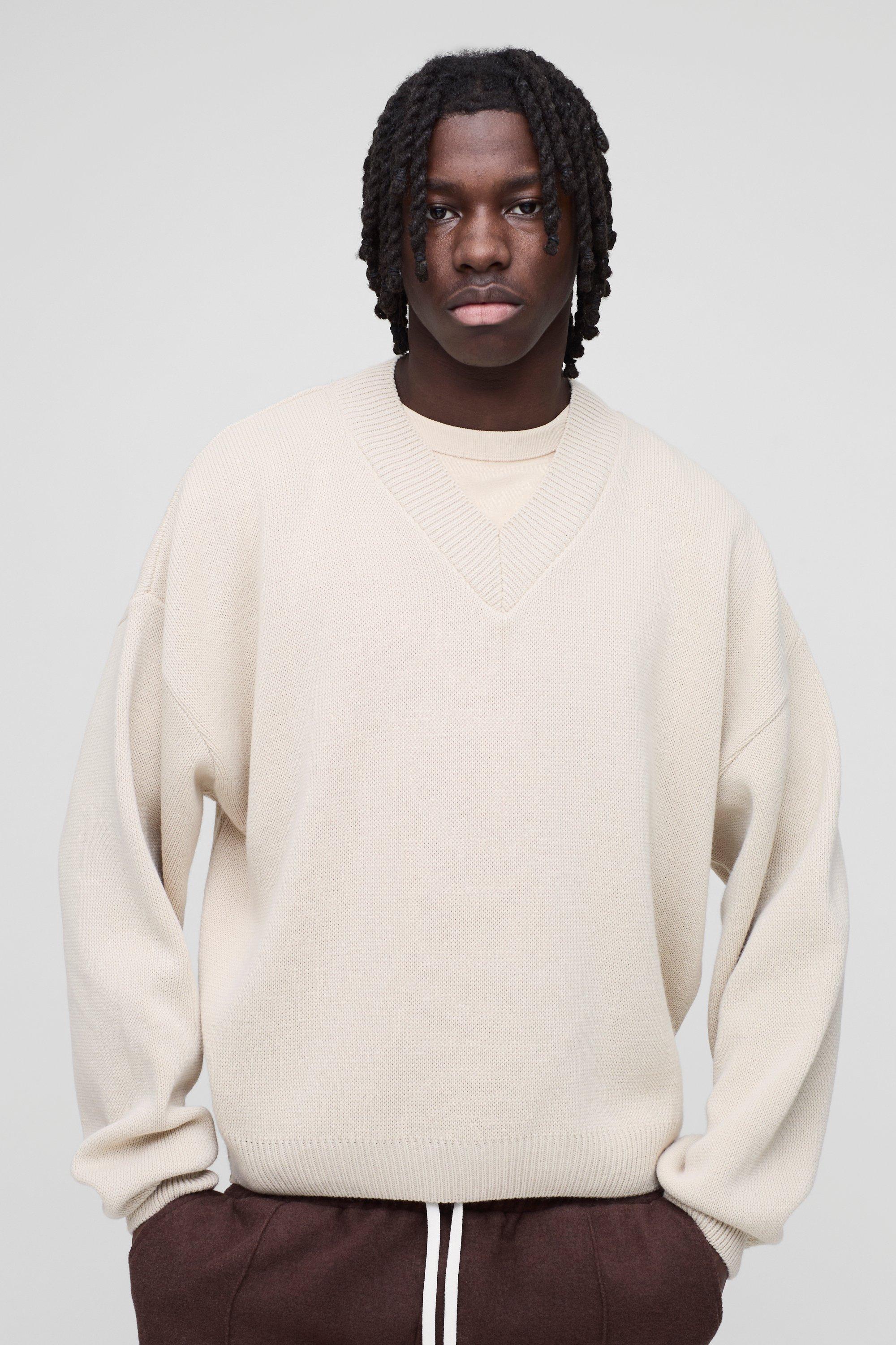 Mens Beige Oversized Boxy V Neck Knitted Jumper, Beige