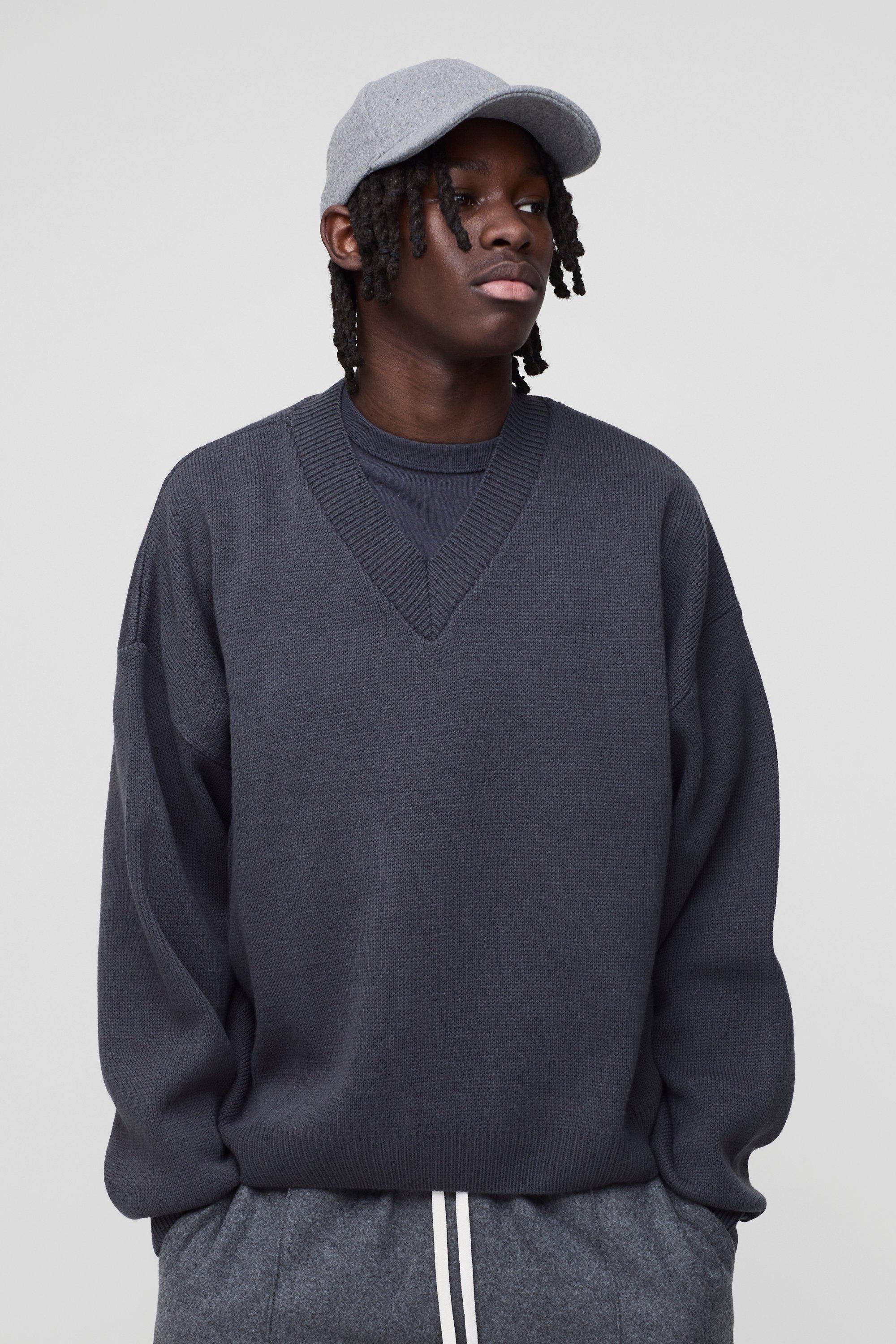Maglione squadrato oversize in maglia con scollo a V, Grigio