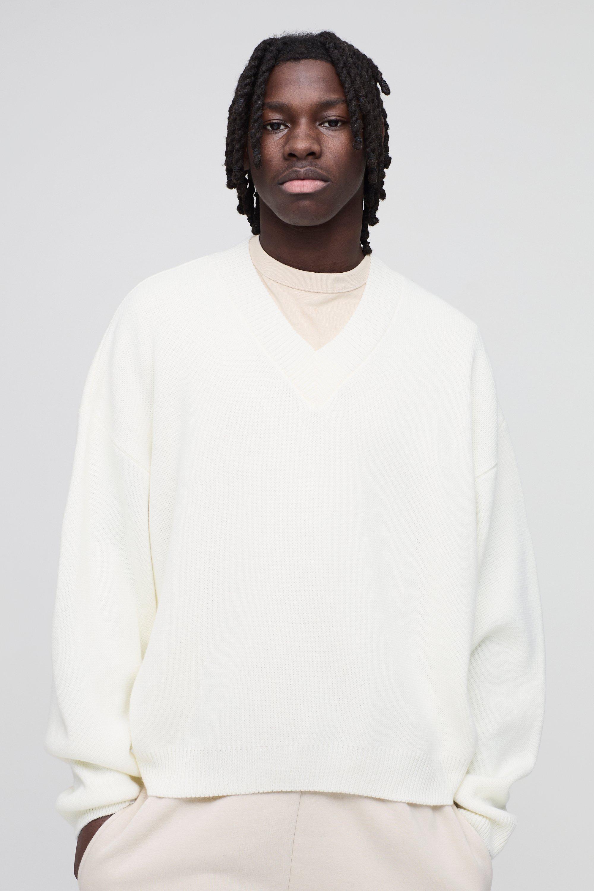 Maglione squadrato oversize in maglia con scollo a V, Cream