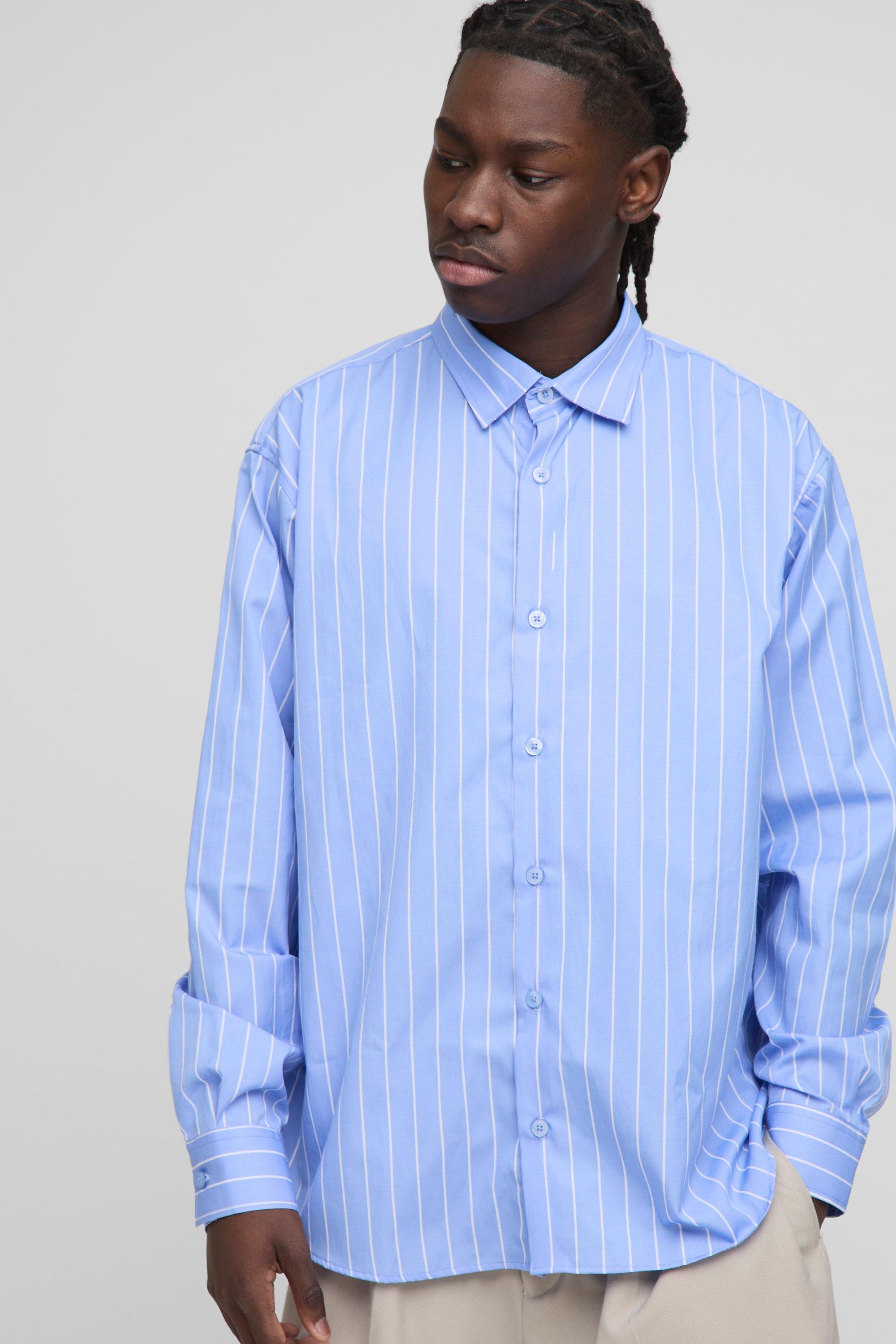 Camicia a maniche lunghe super oversize a righe, Azzurro