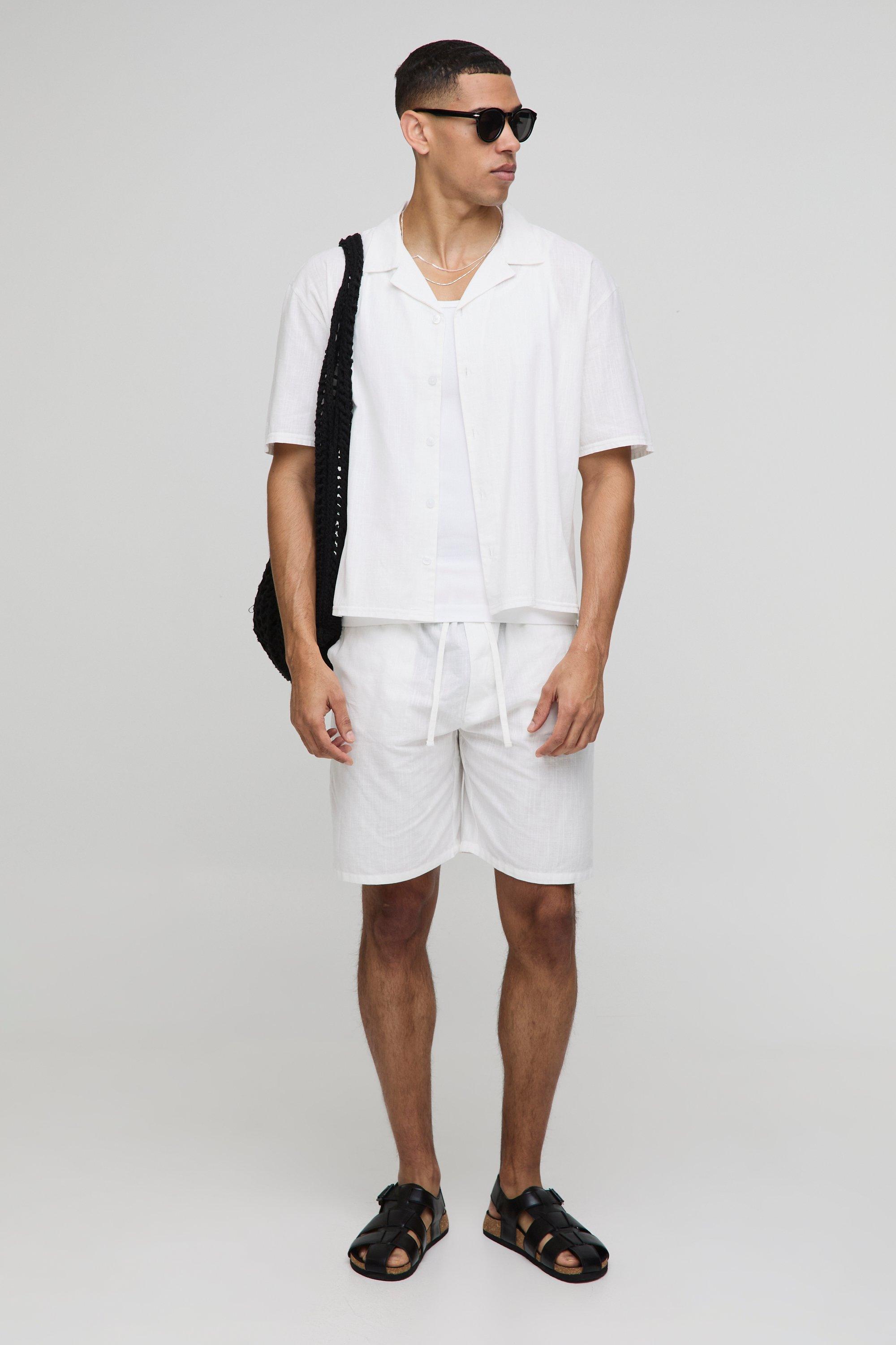 Mens White Oversized Boxy Linen Look Revere Shirt & Short Set, White