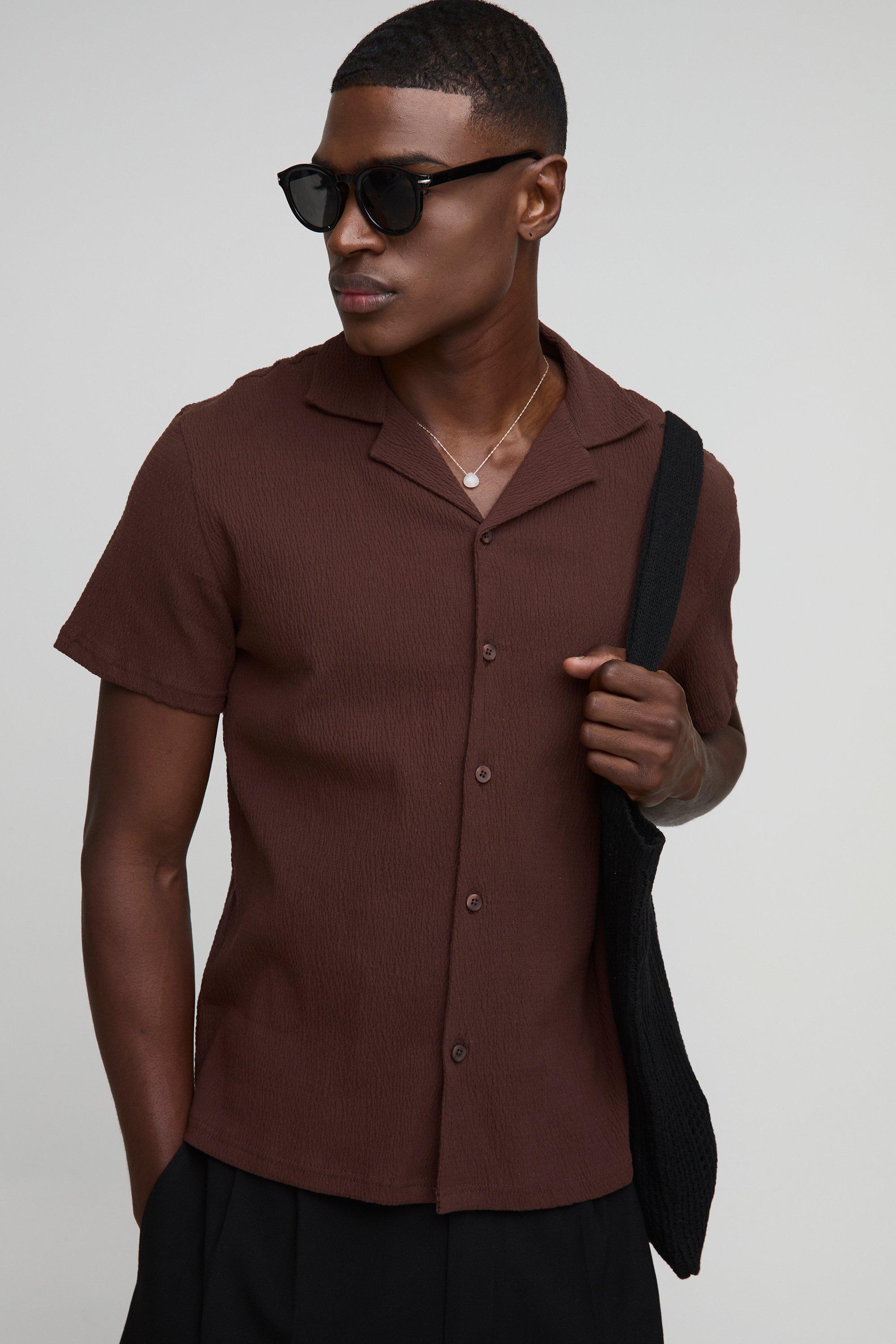 Mens Brown Regular Fit Seersucker Crinkle Revere Shirt, Brown