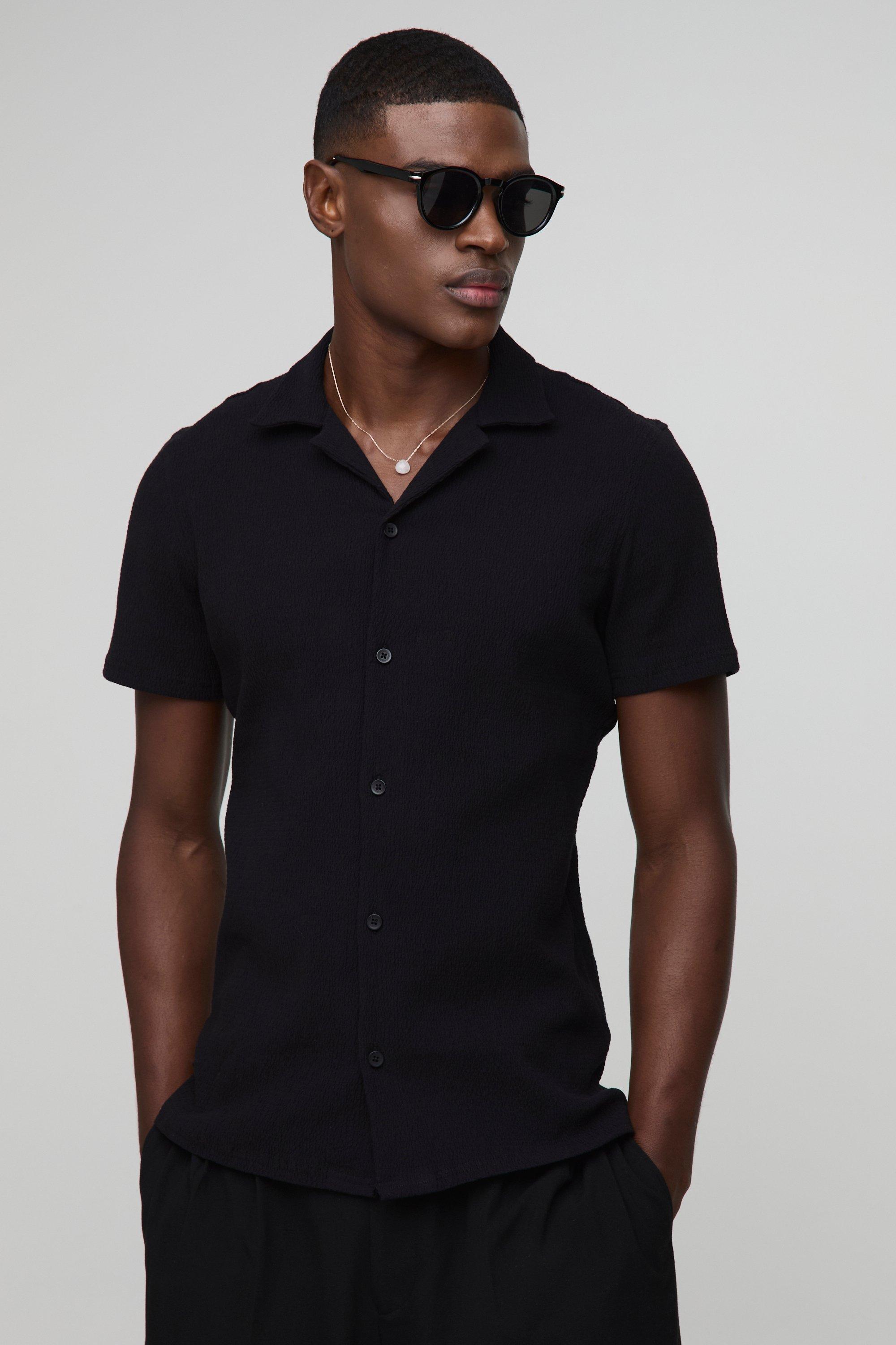 Camicia Slim Fit in seersucker effetto goffrato, Nero