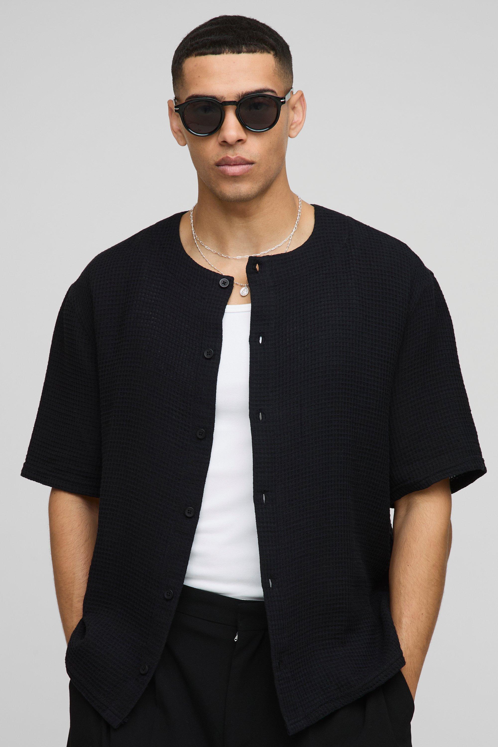 Mens Black Oversized Collarless Waffle Shirt, Black