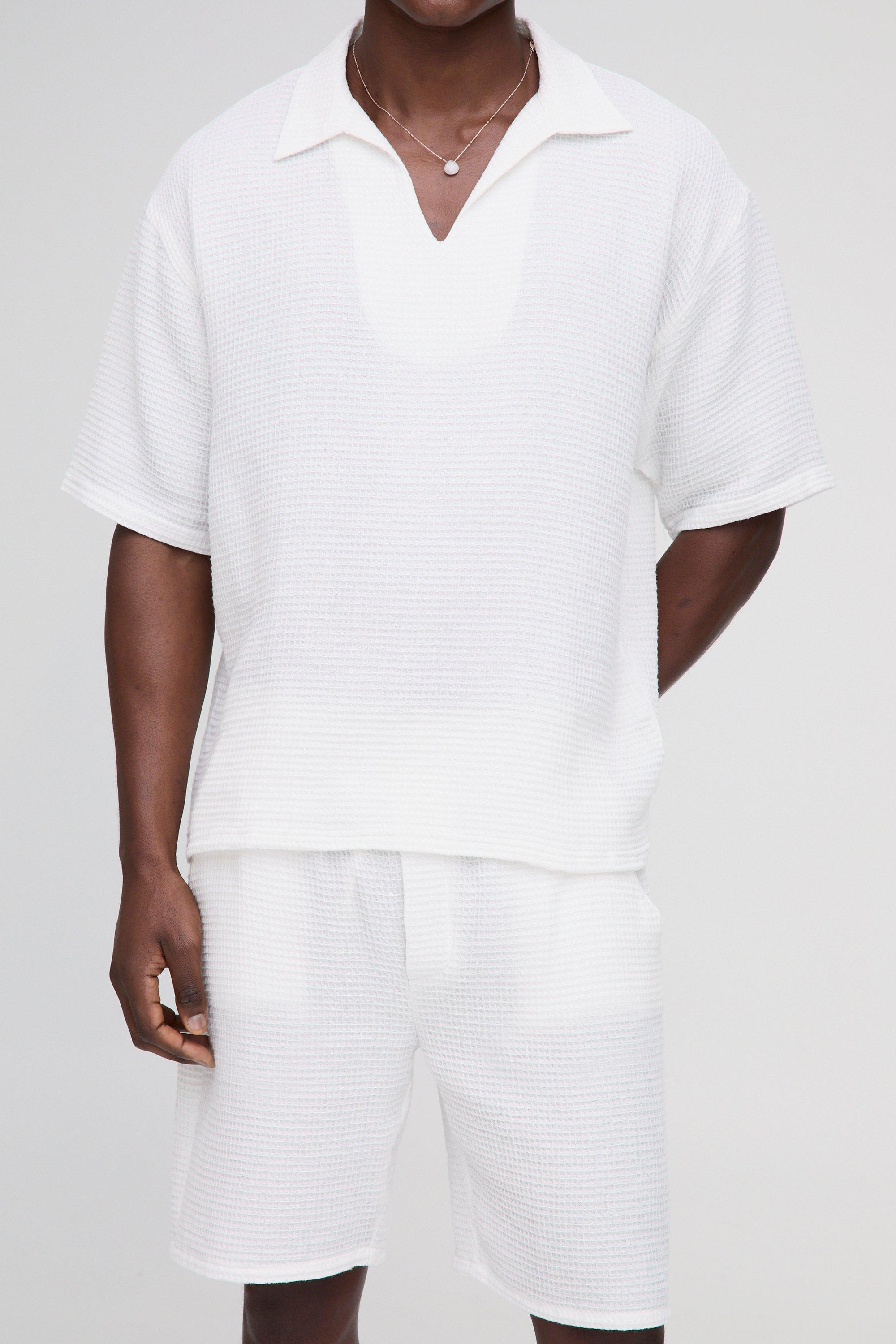 Mens White Overhead V-Neck Waffle Shirt & Short Set, White