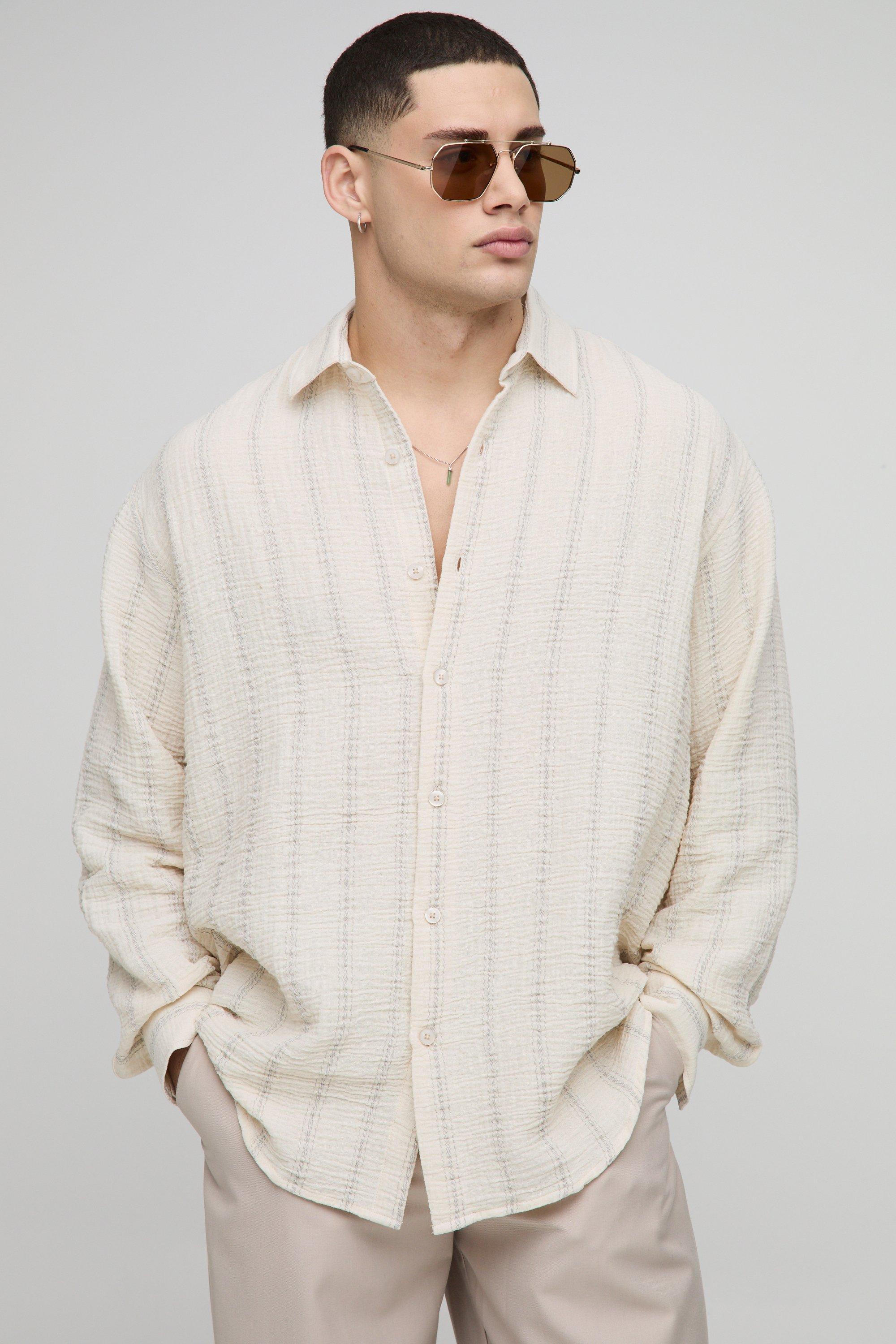 Camicia effetto crespo a righe super oversize, Beige