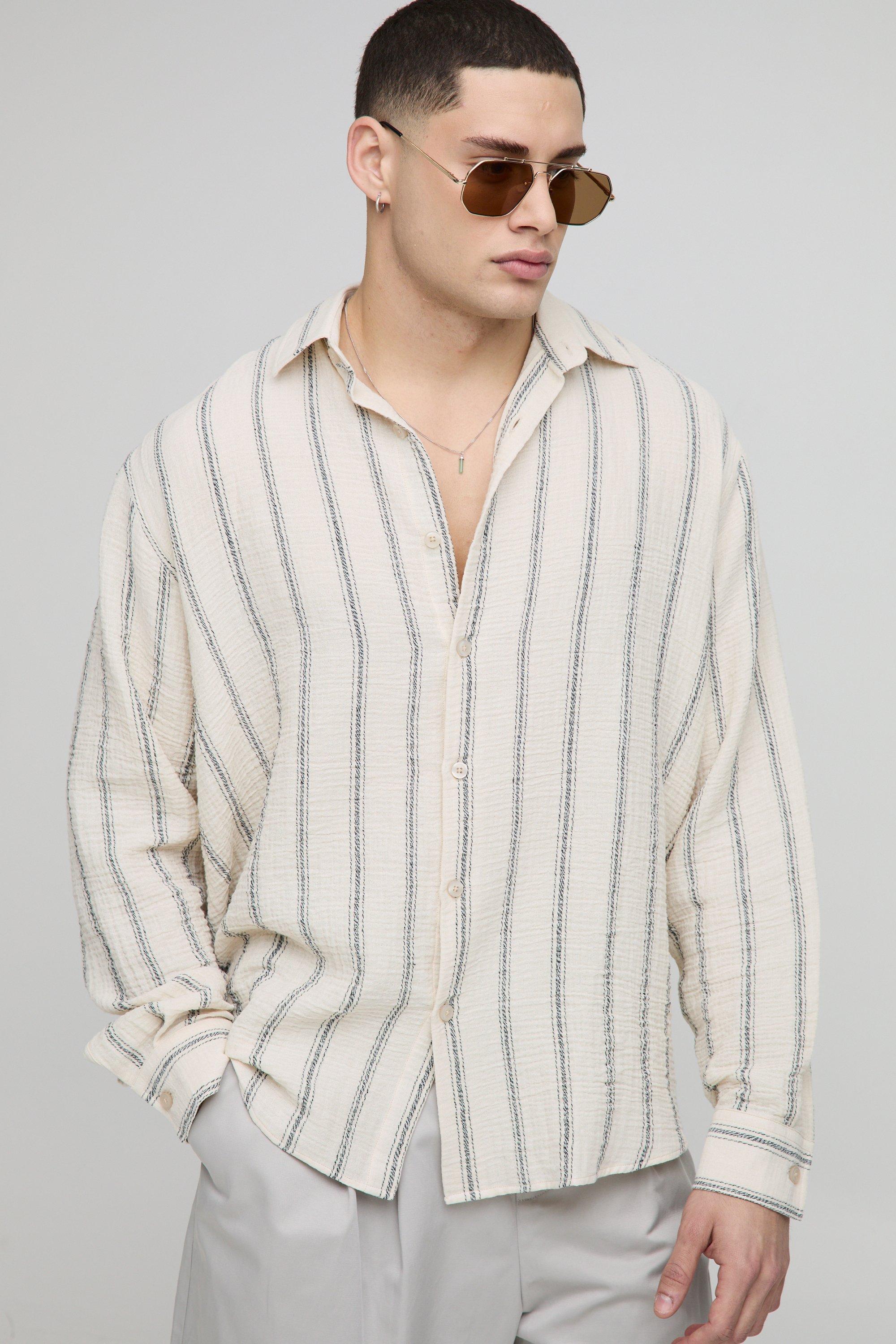 Camicia effetto crespo a righe super oversize, Nero