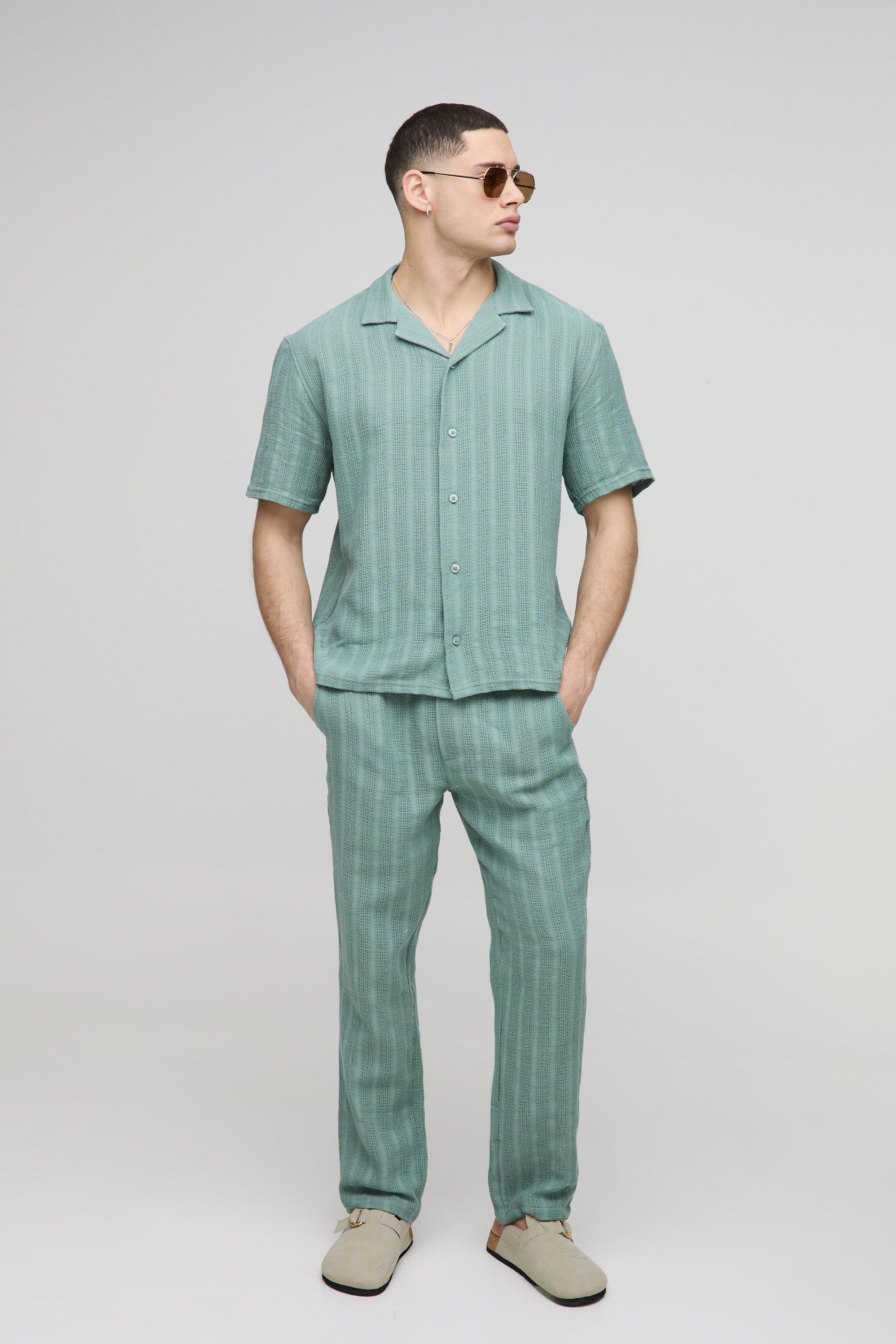 Set camicia oversize a righe con trama in rilievo & pantaloni, Verde