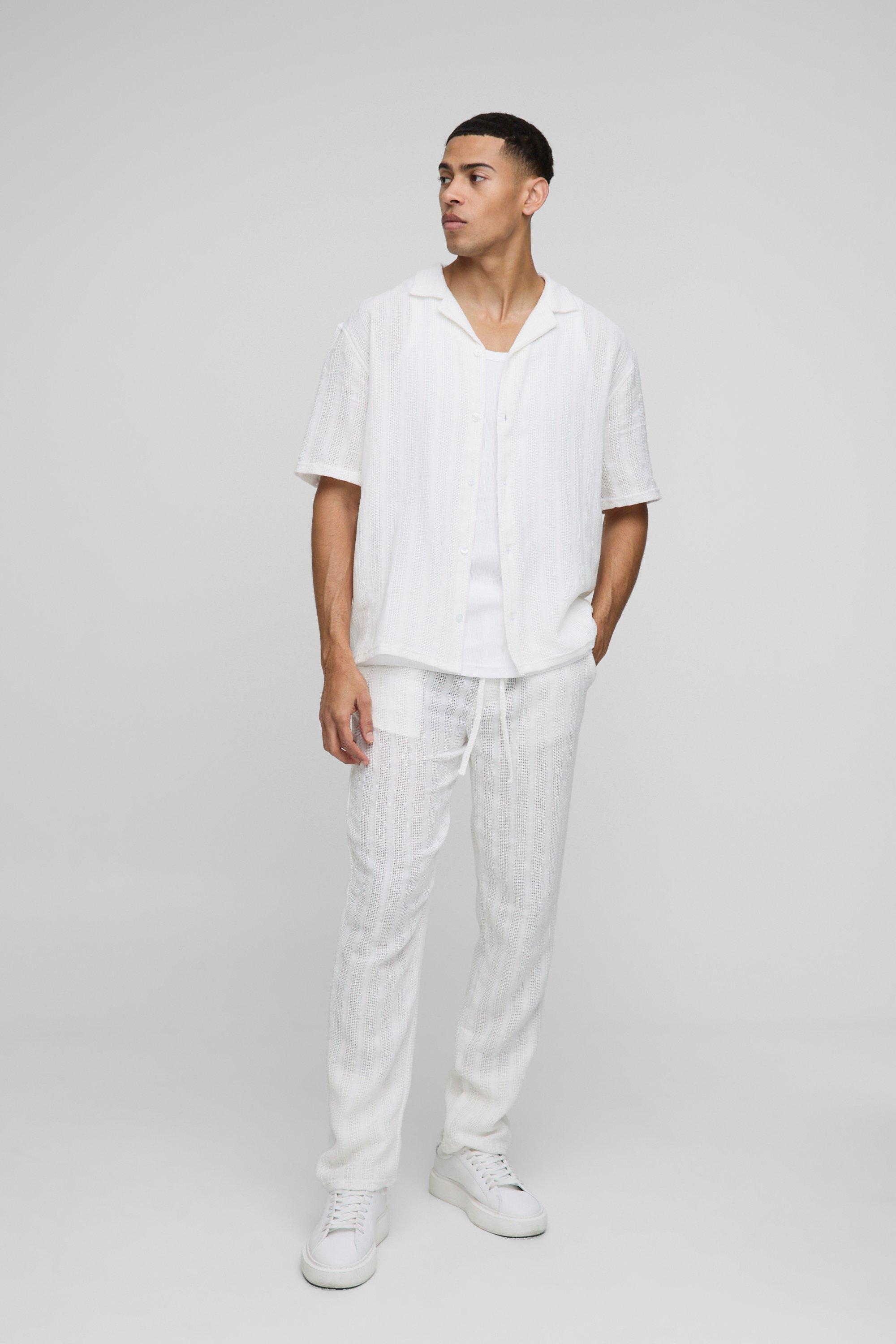 Set camicia oversize a righe con trama in rilievo & pantaloni, Bianco