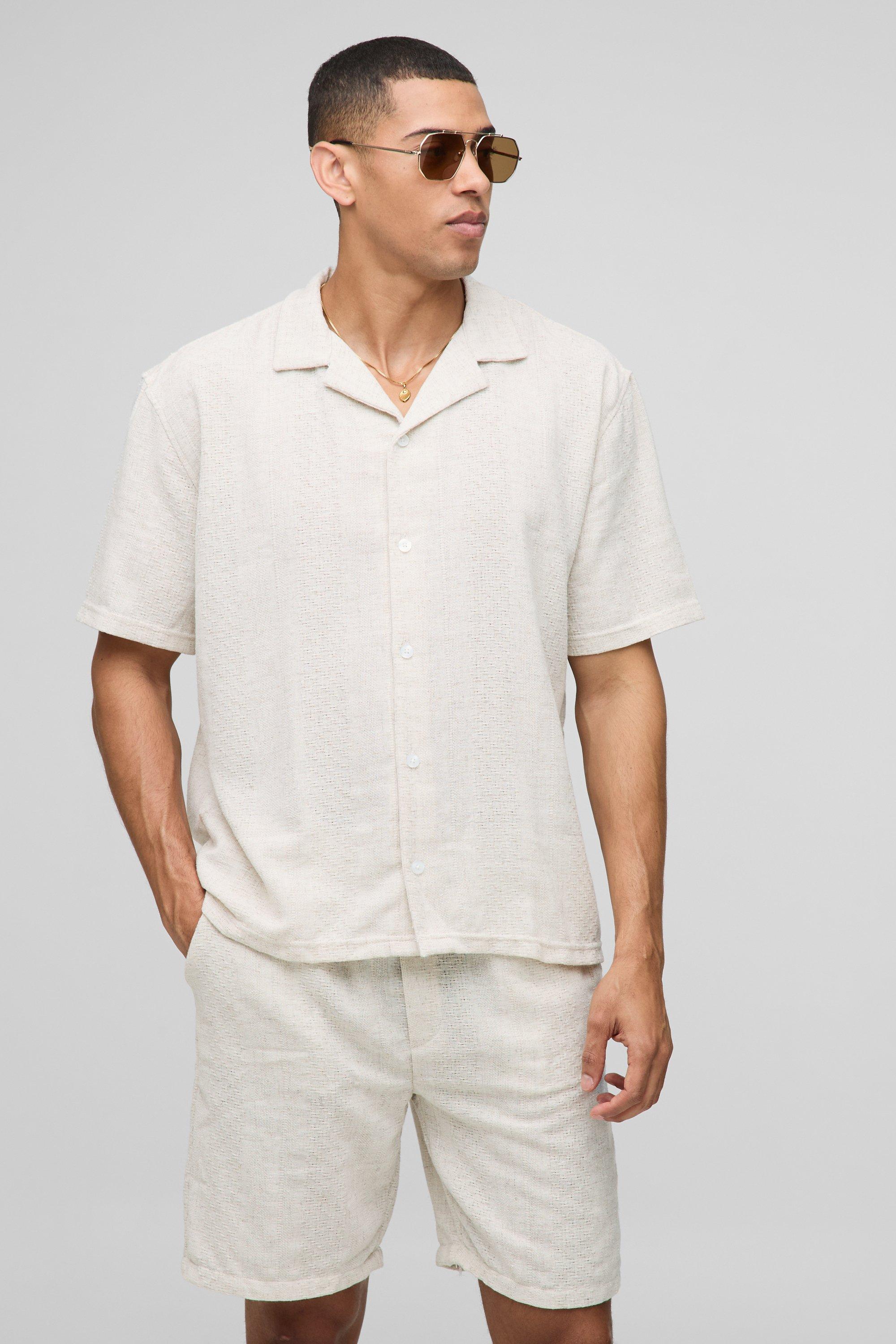 Set camicia oversize effetto lino con trama e rever & pantaloncini, Beige