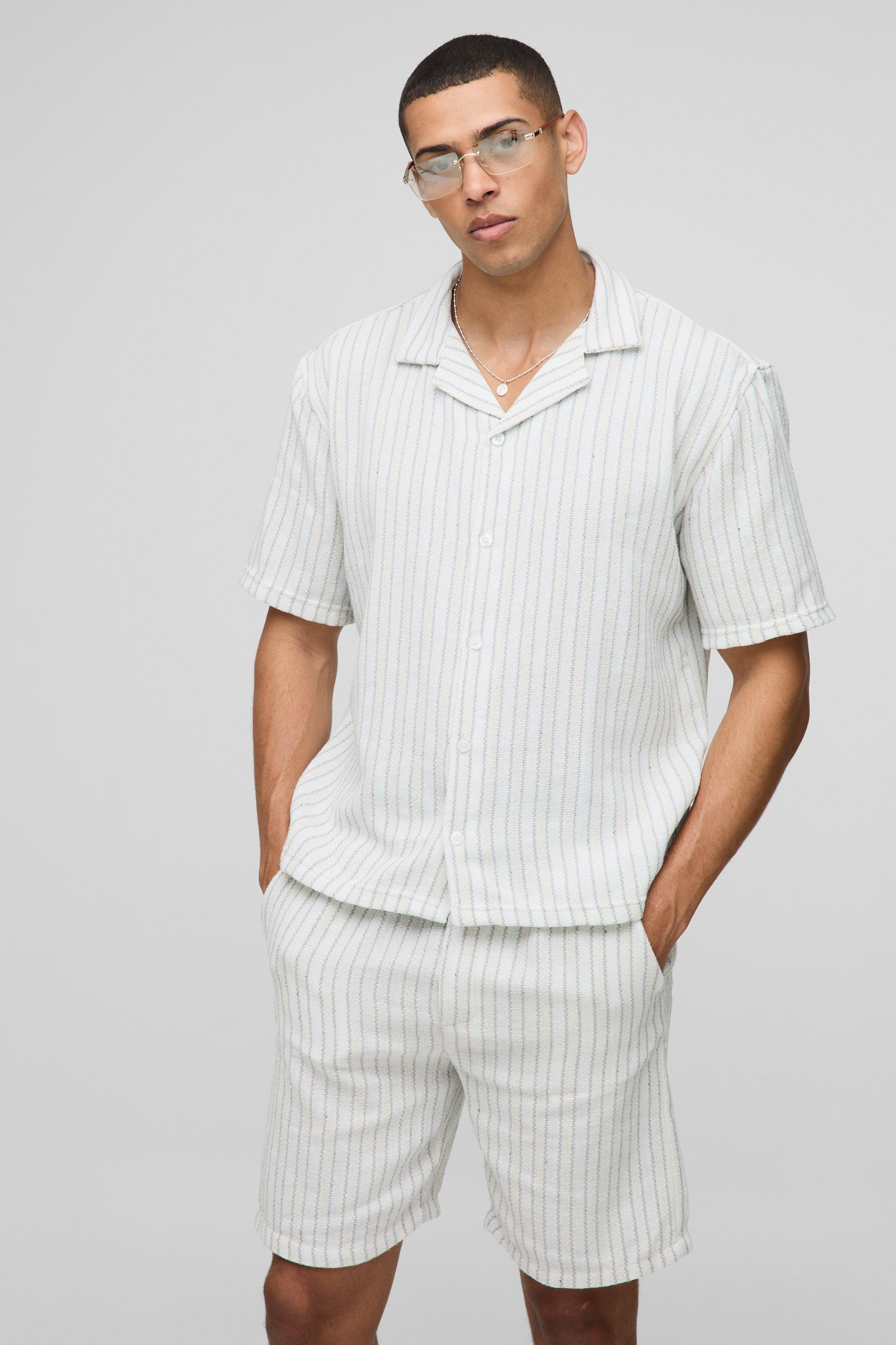 Mens Grey Oversized Linen Look Textured Stripe Shirt & Short Set, Grey