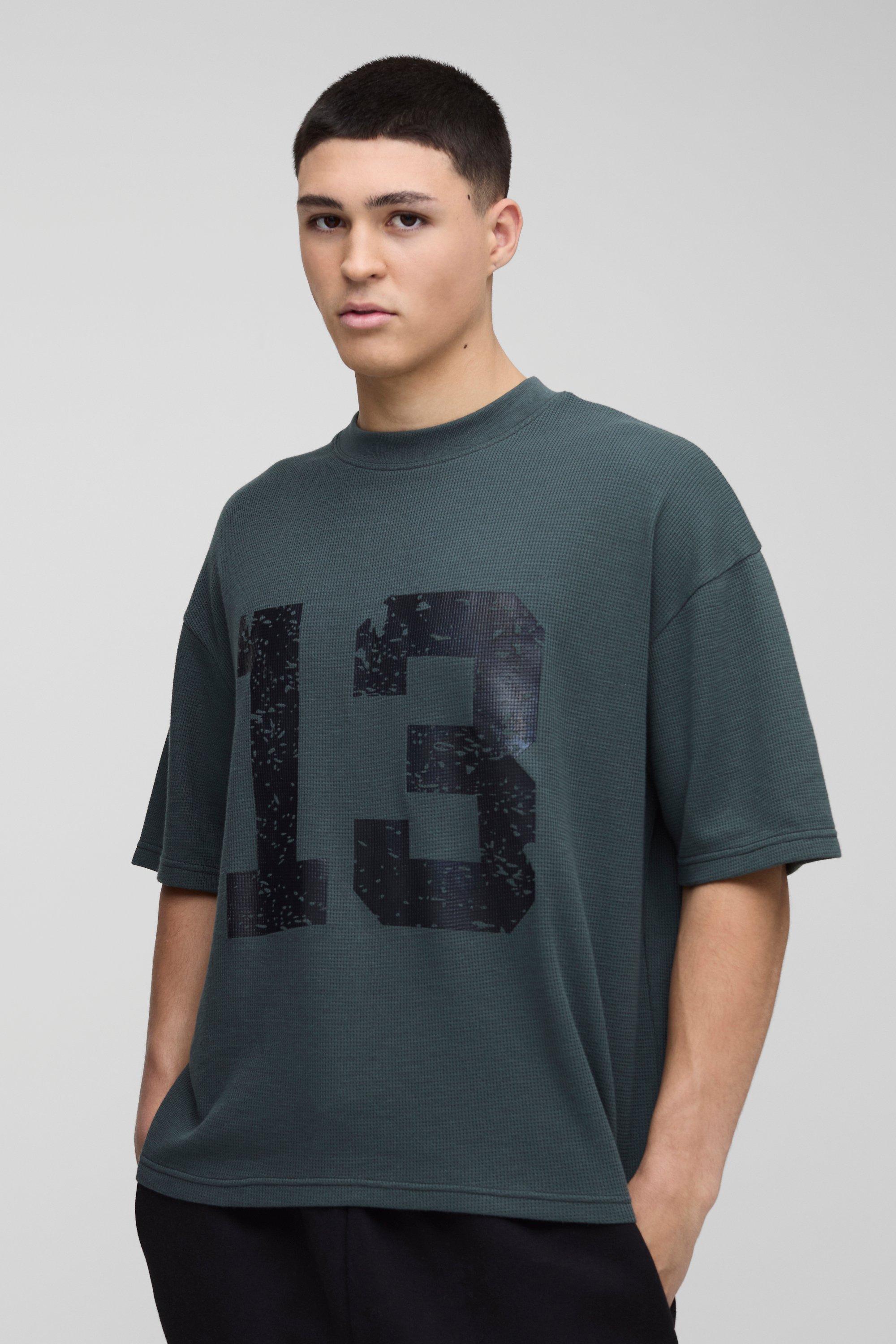 Mens Grey Oversized Boxy Extended Neck 13 Waffle Print T-Shirt, Grey