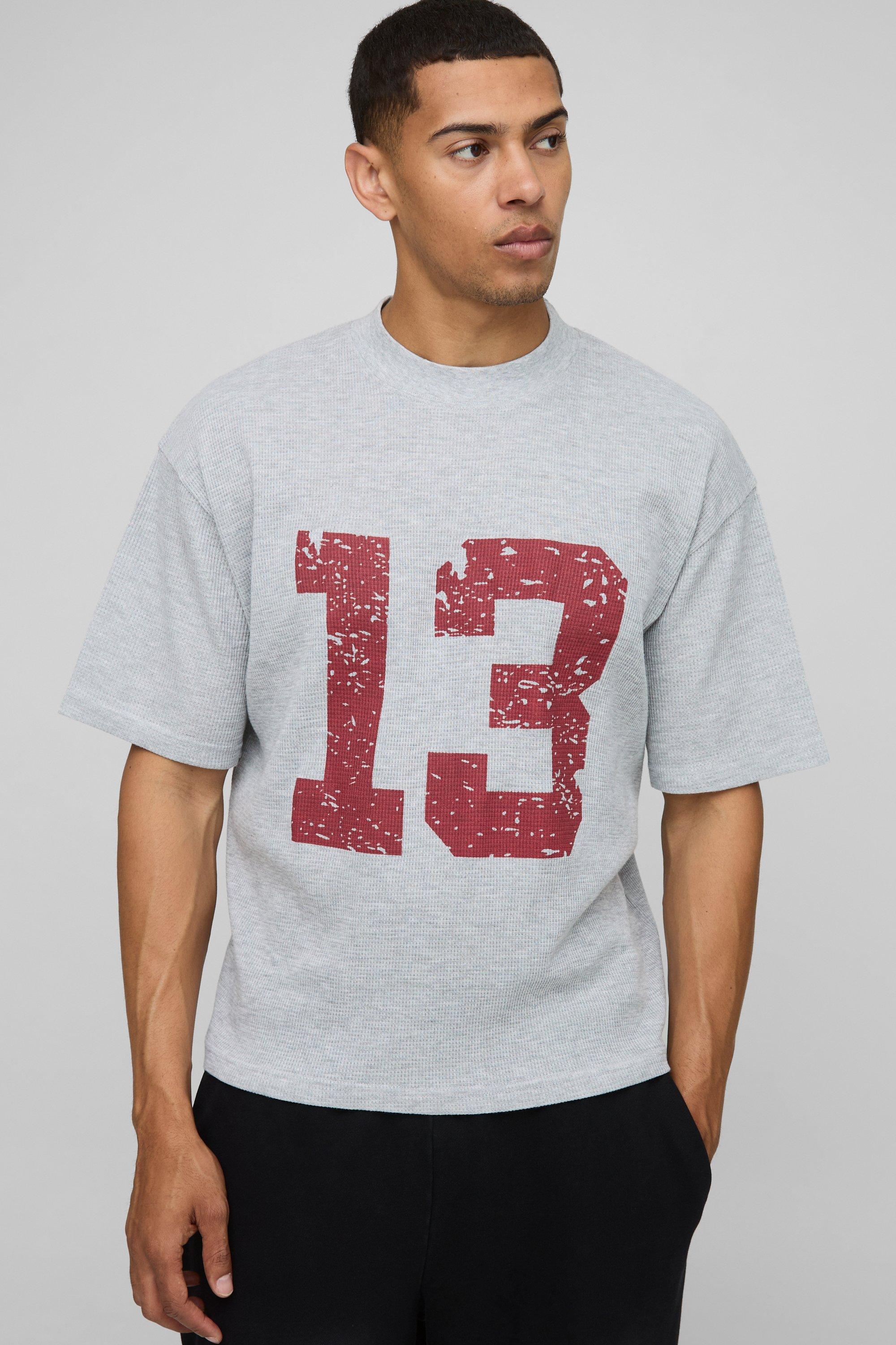 Mens Grey Oversized Boxy Extended Neck 13 Waffle Print T-Shirt, Grey