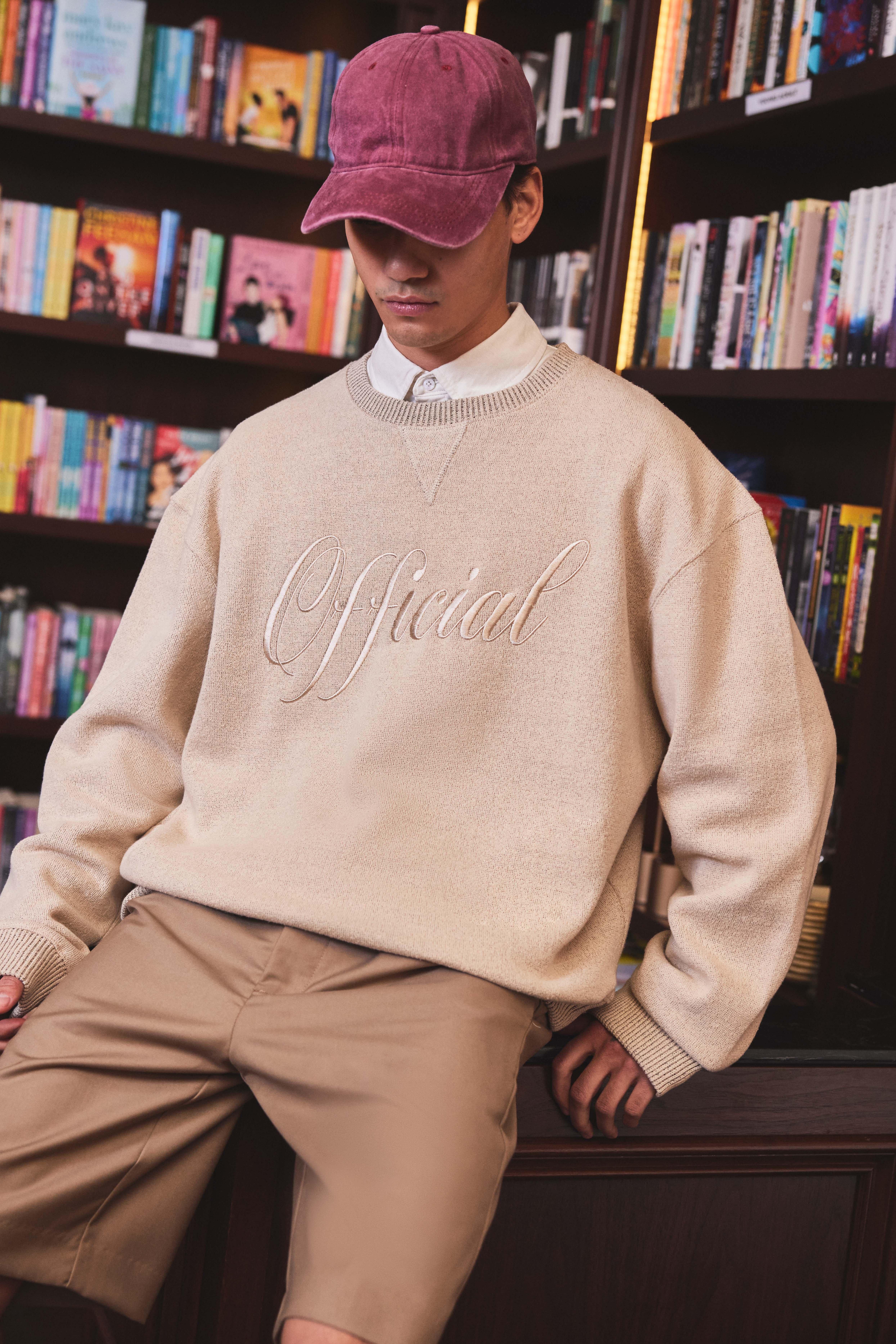 Mens Beige Boxy Varsity Contrast Embroidered Sweatshirt, Beige