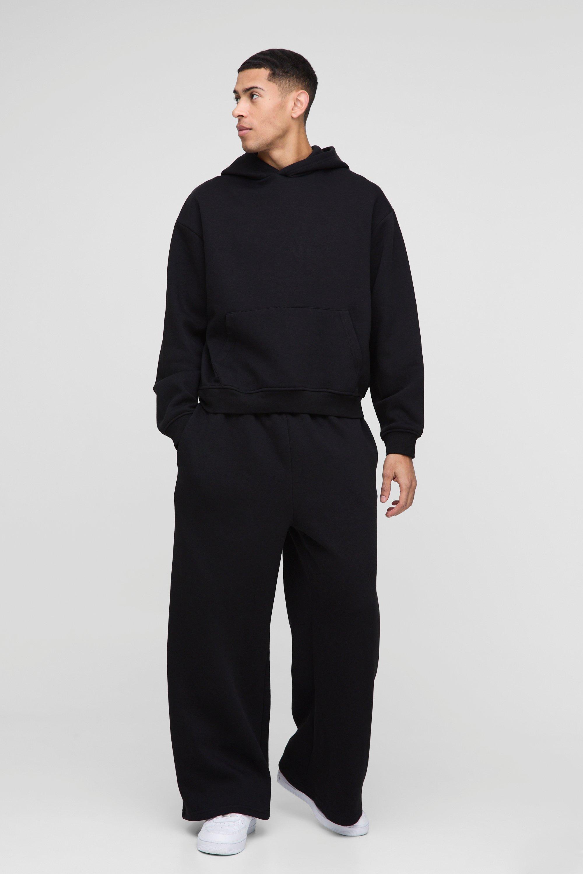 Mens Black 330gsm Oversized Boxy Hooded Wide Leg Tracksuit, Black