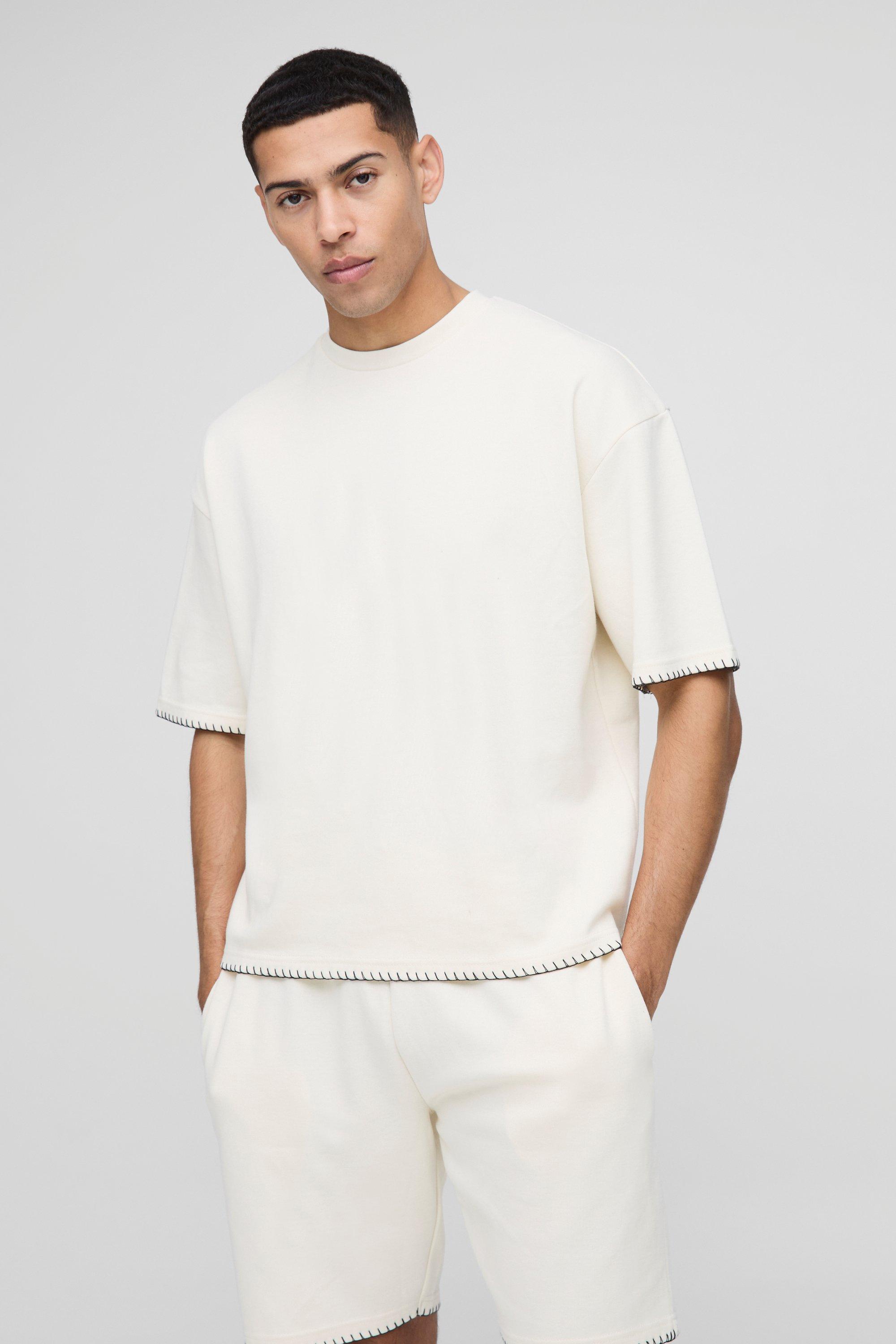 Mens Cream Oversized Boxy Interlock Blanket Stitch T-Shirt, Cream