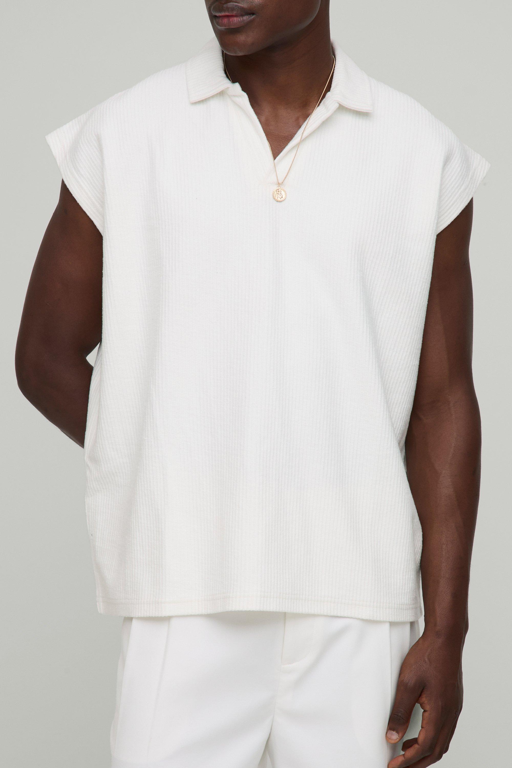 Mens Cream Oversized Drop Shoulder Revere Jacquard Rib Polo, Cream
