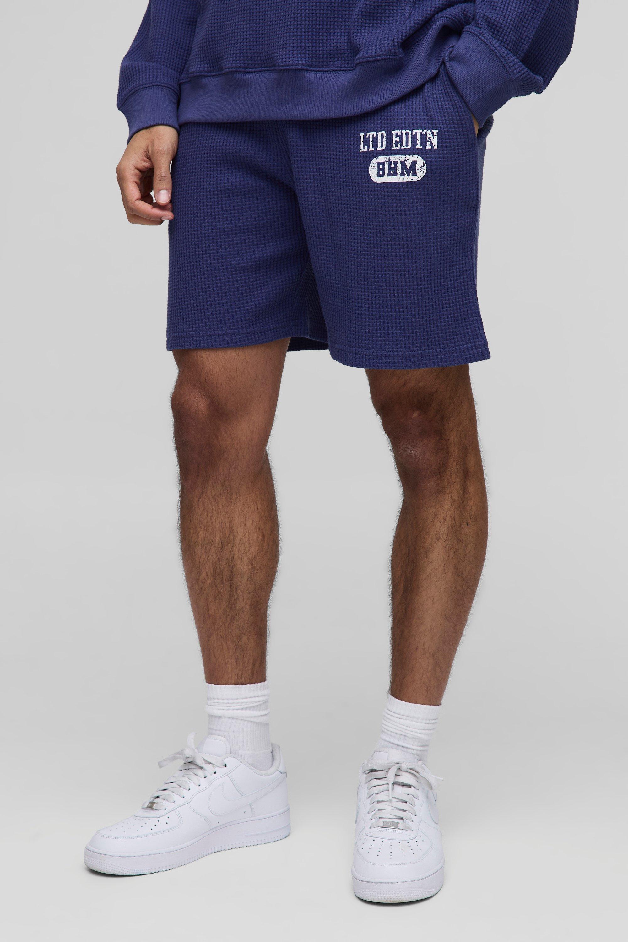 Mens Blue Oversized Waffle Mid Length Print Short, Blue