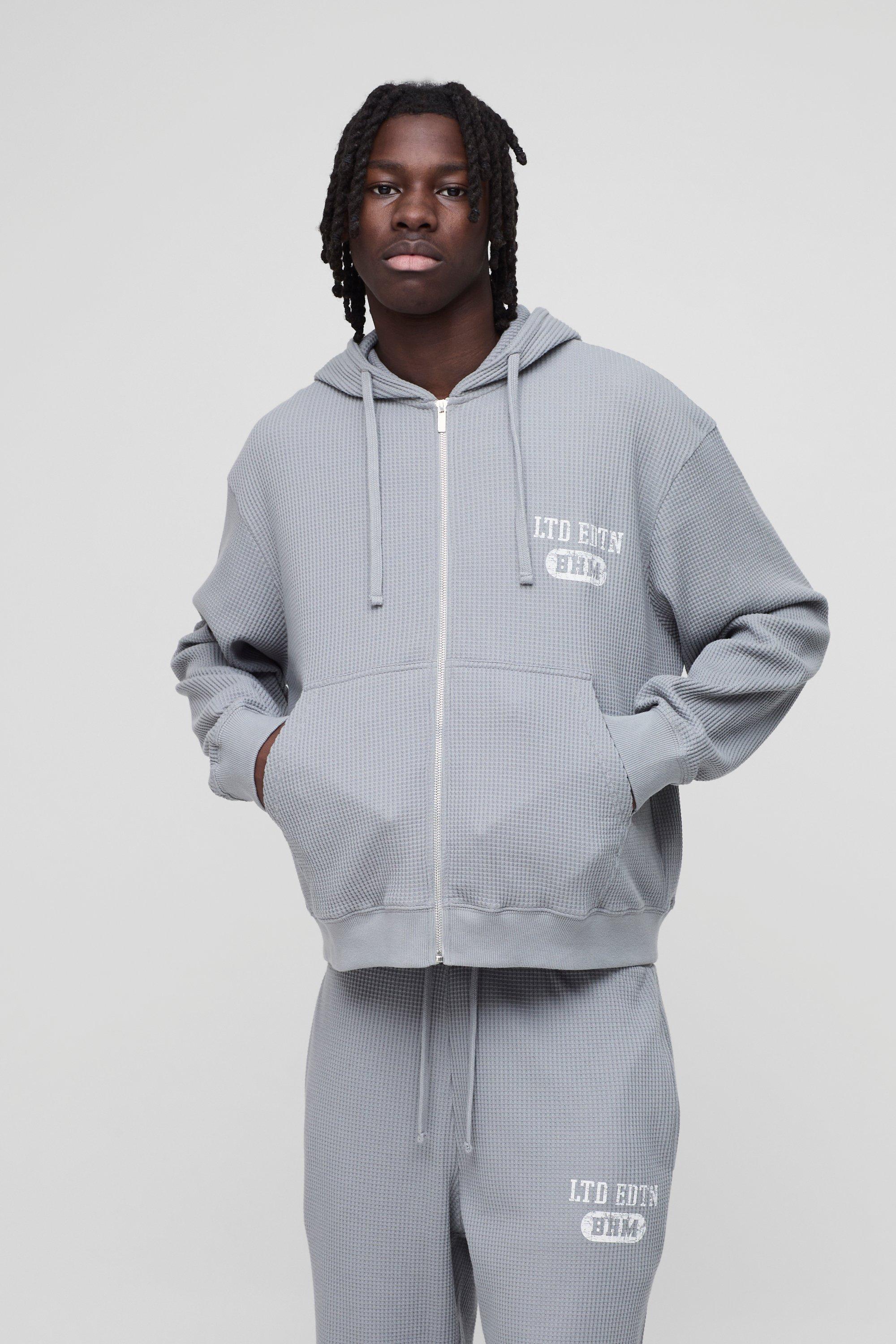 Mens Grey Oversized Boxy Waffle Print Zip Through Hoodie, Grey