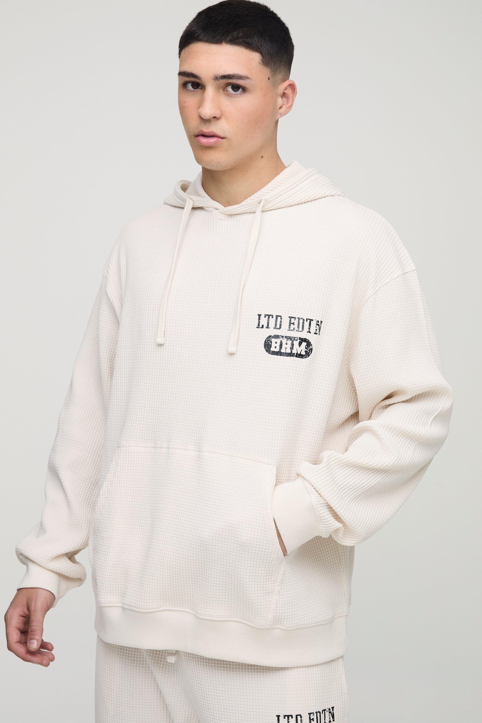 Image of Felpa oversize con stampa a nido d'ape e cappuccio, Cream