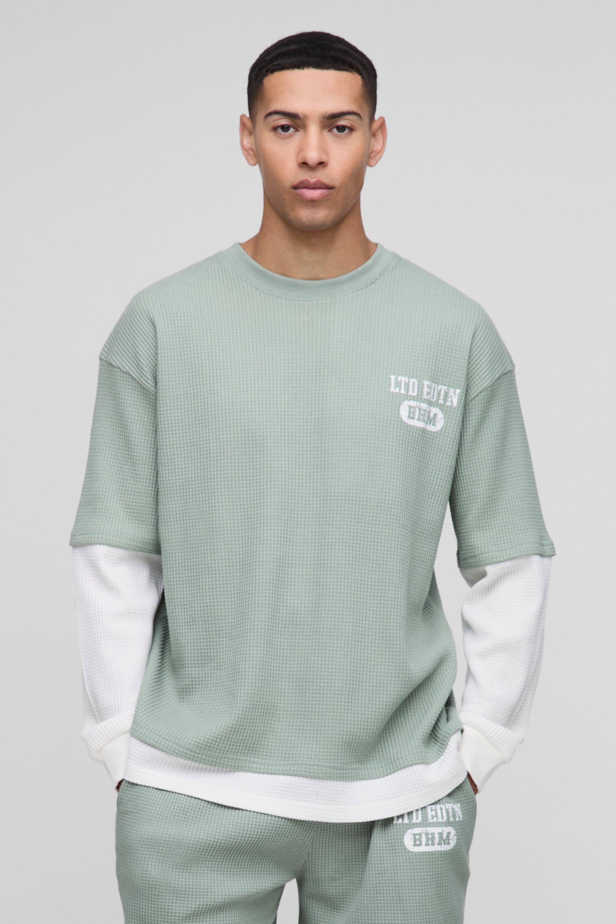 Mens Green Oversized Faux Sleeve Waffle Print T-Shirt, Green