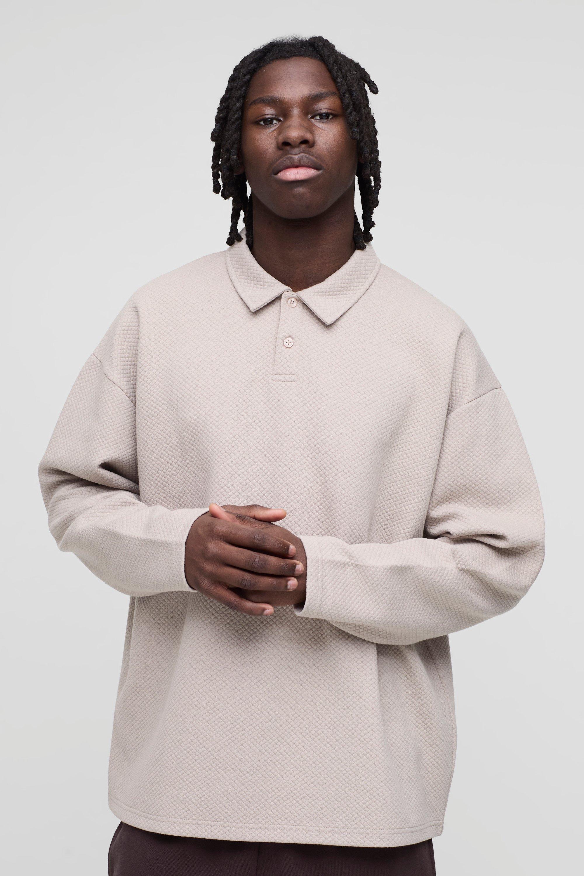 Mens Beige Oversized Waffle Jacquard Long Sleeve Polo, Beige