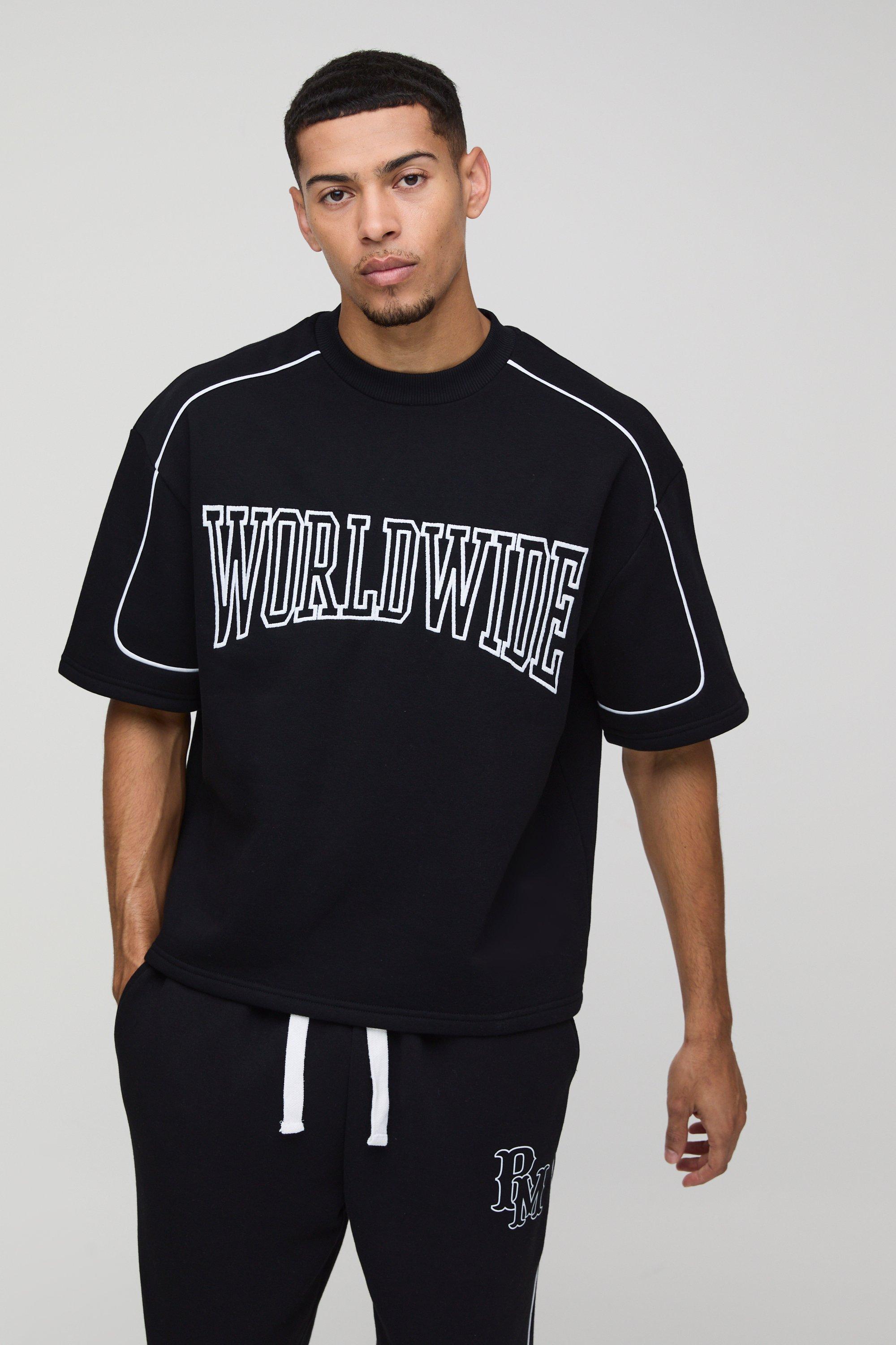 Felpa squadrata oversize stile Varsity con ricami e mezze maniche, Nero