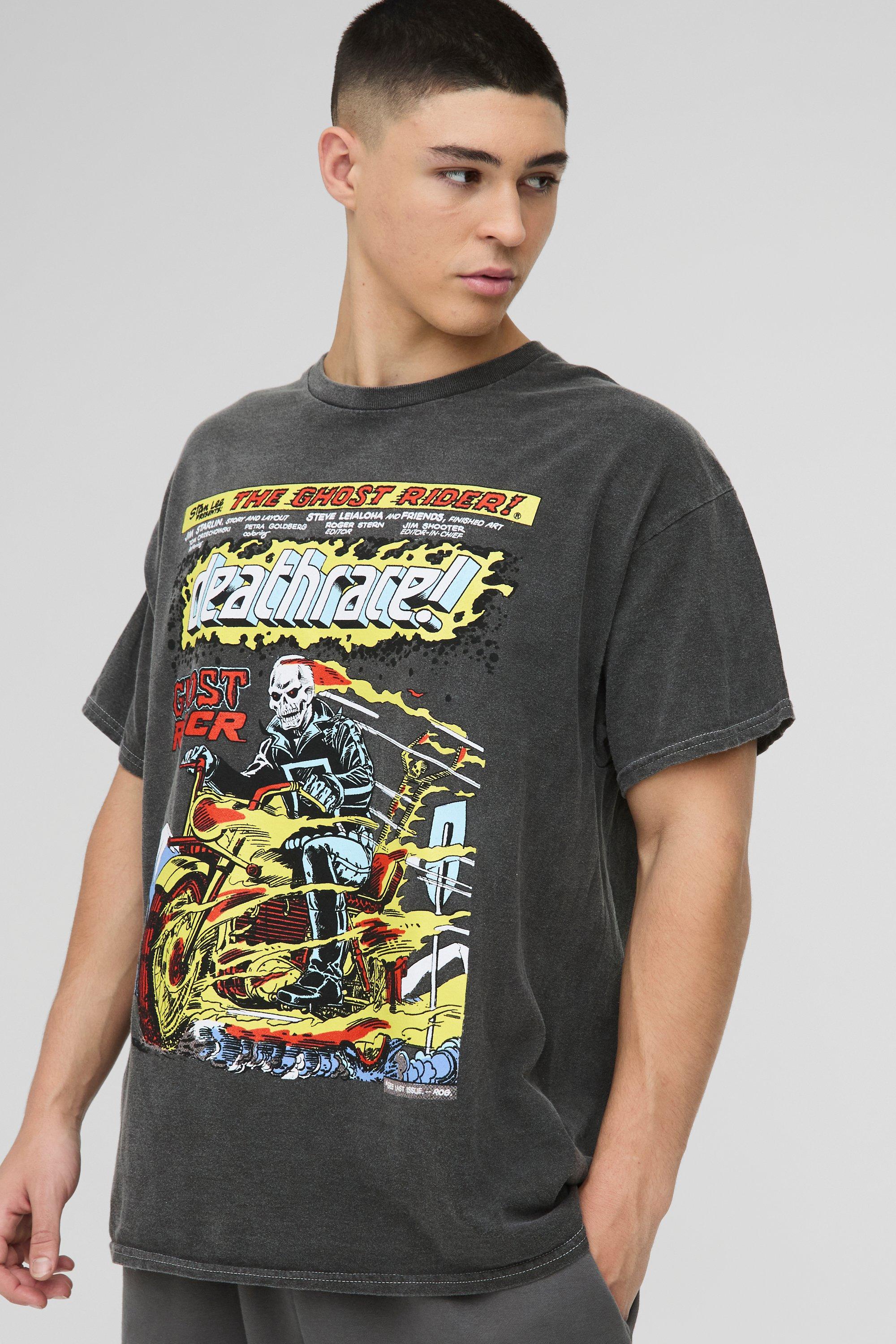 Mens Grey Oversized Ghost Rider Wash License Print T-Shirt, Grey