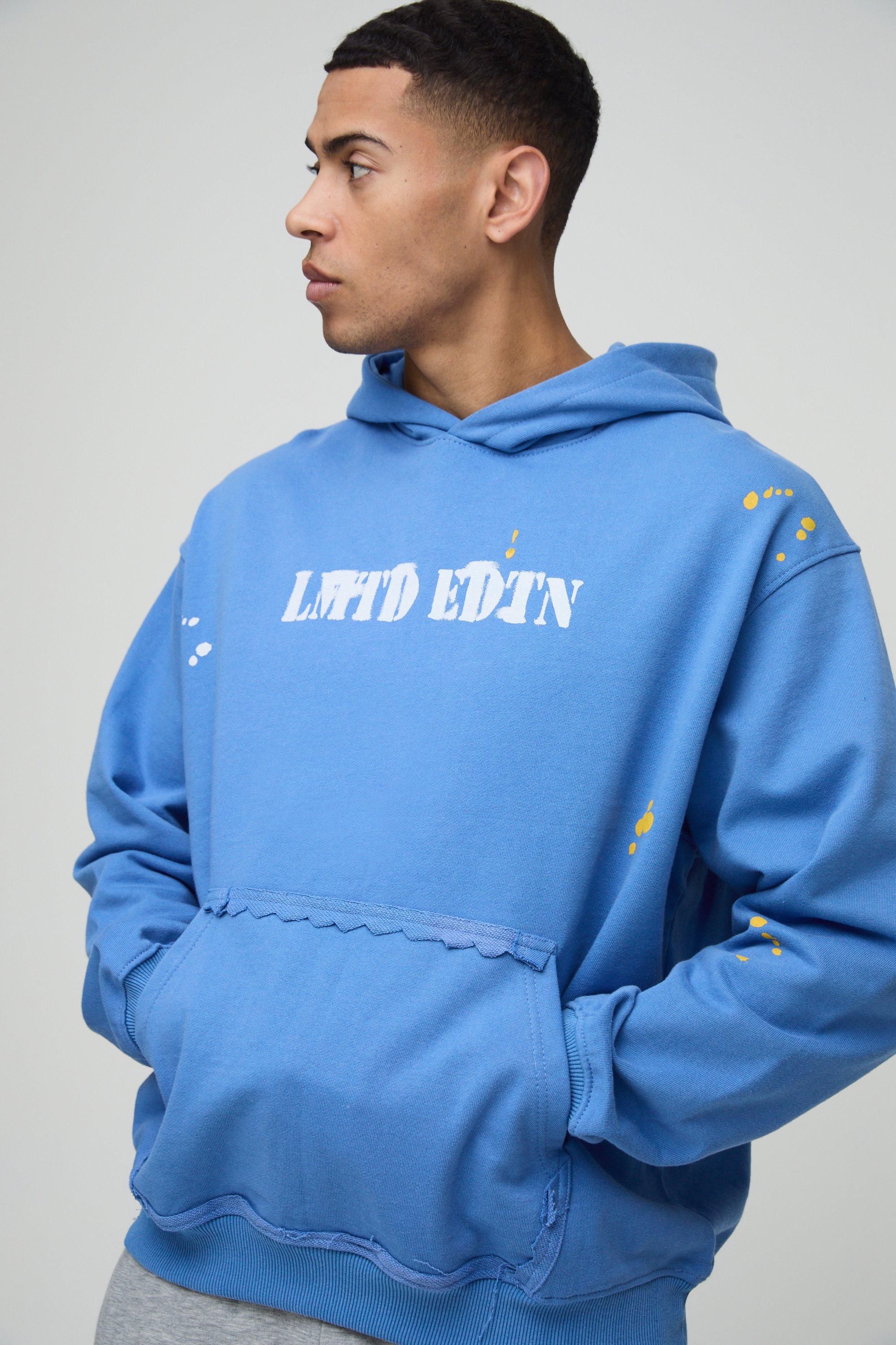 Felpa oversize Limited Edition con schizzi di colore, rovescio a ricci e cappuccio, Azzurro