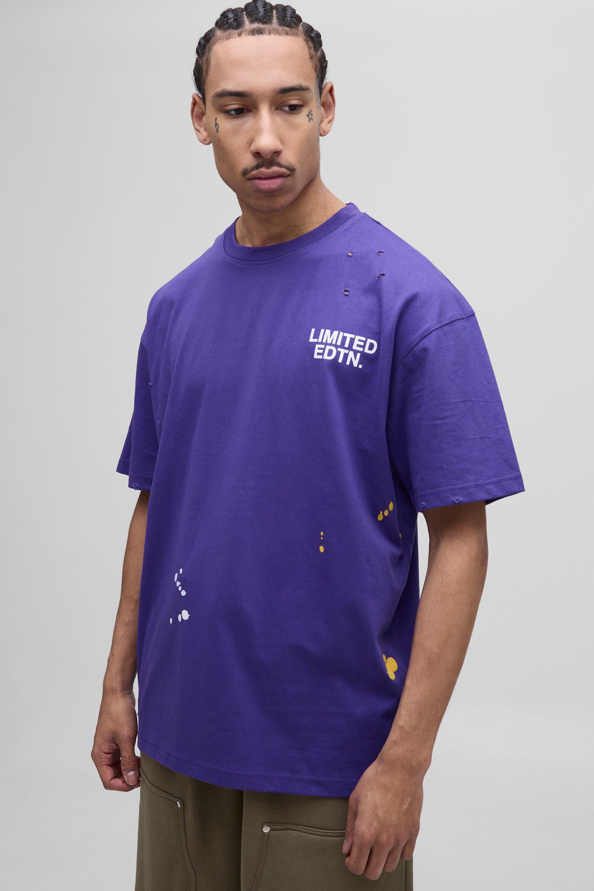 Oversized Paint Splatter Distressed Limited Edition T-Shirt, Purple