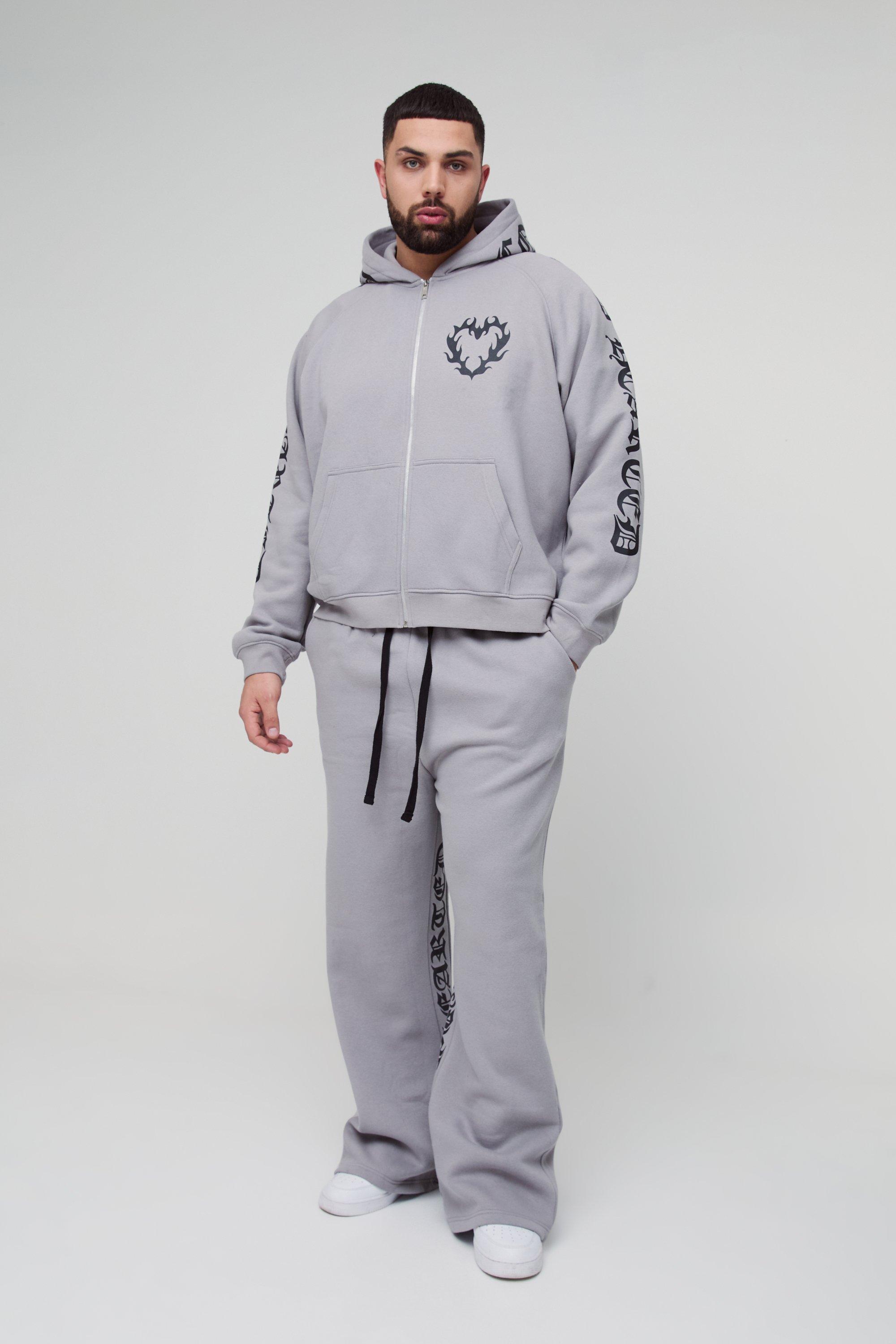 Tuta sportiva Plus Size squadrata oversize con stampa di cuori, caratteri gotici, inserti e cappuccio, Grigio