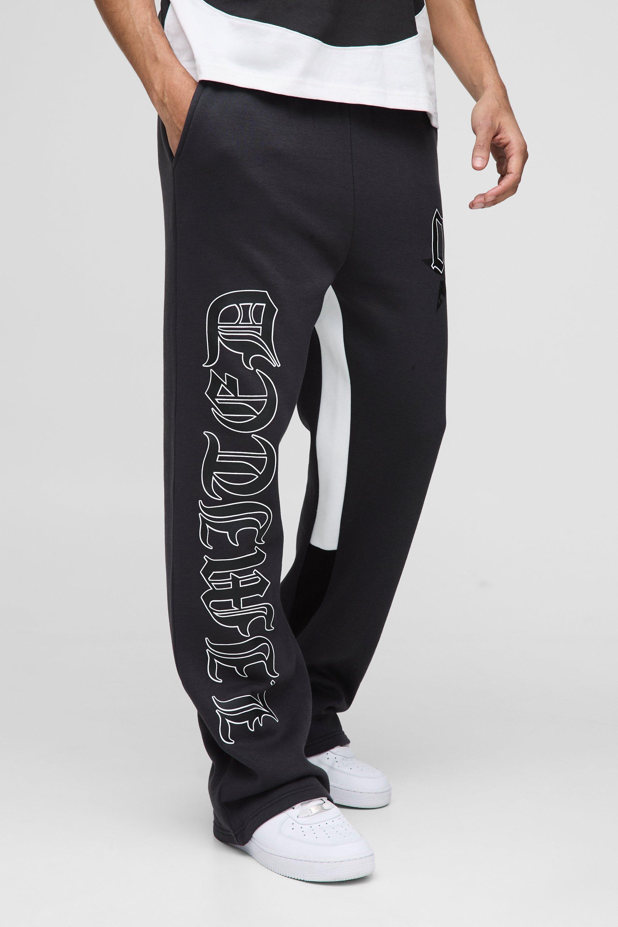 Mens Black Relaxed Flare Star Limited Printed Varsity Gusset Jogger, Black