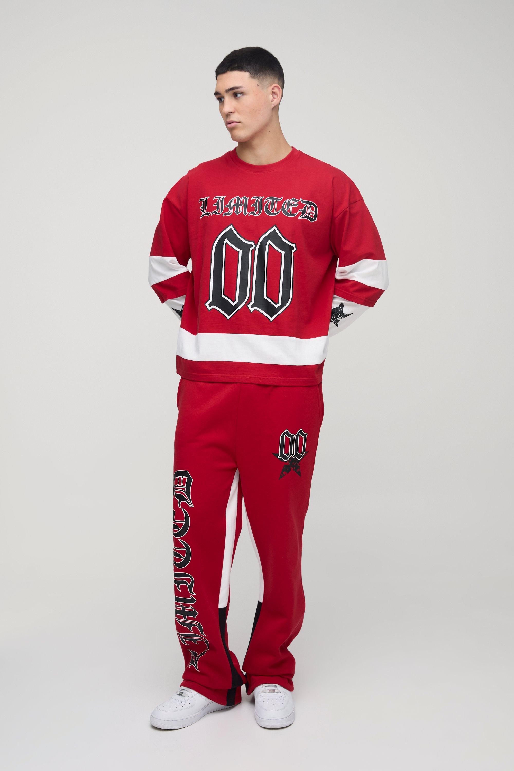 Mens Red Oversized Boxy Varsity Star Print Faux Sleeve Gusset T-Shirt & Jogger Set, Red