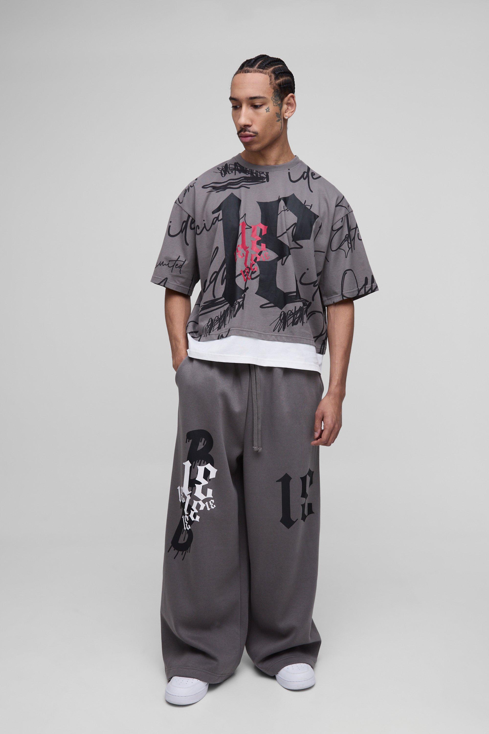 Mens Grey Oversized Boxy Grunge Varsity Faux Layer T-Shirt & Extreme Wide Jogger Set, Grey