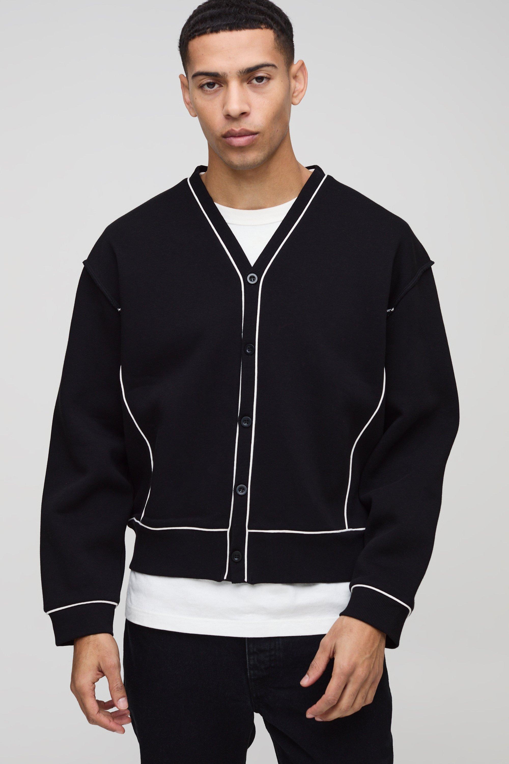 Mens Black Oversized Boxy Contrast Piping Cardigan, Black