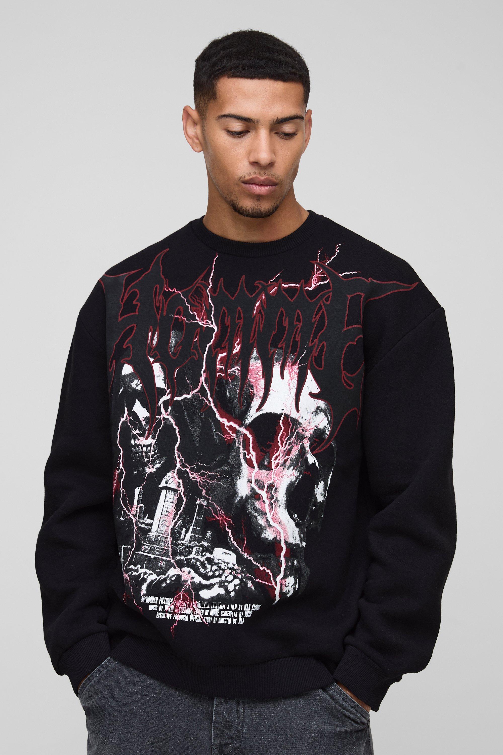 Mens Black Oversized Large Scale Gothic Skull Graphic Sweatshirt, Black