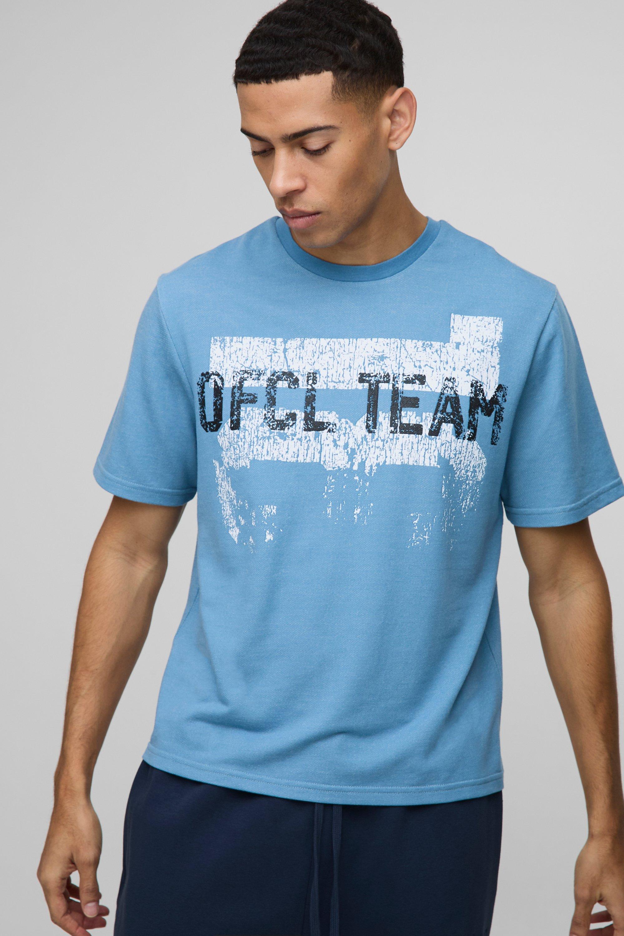 T-Shirt Squadrata In Lavaggio Con Stampa, Azzurro
