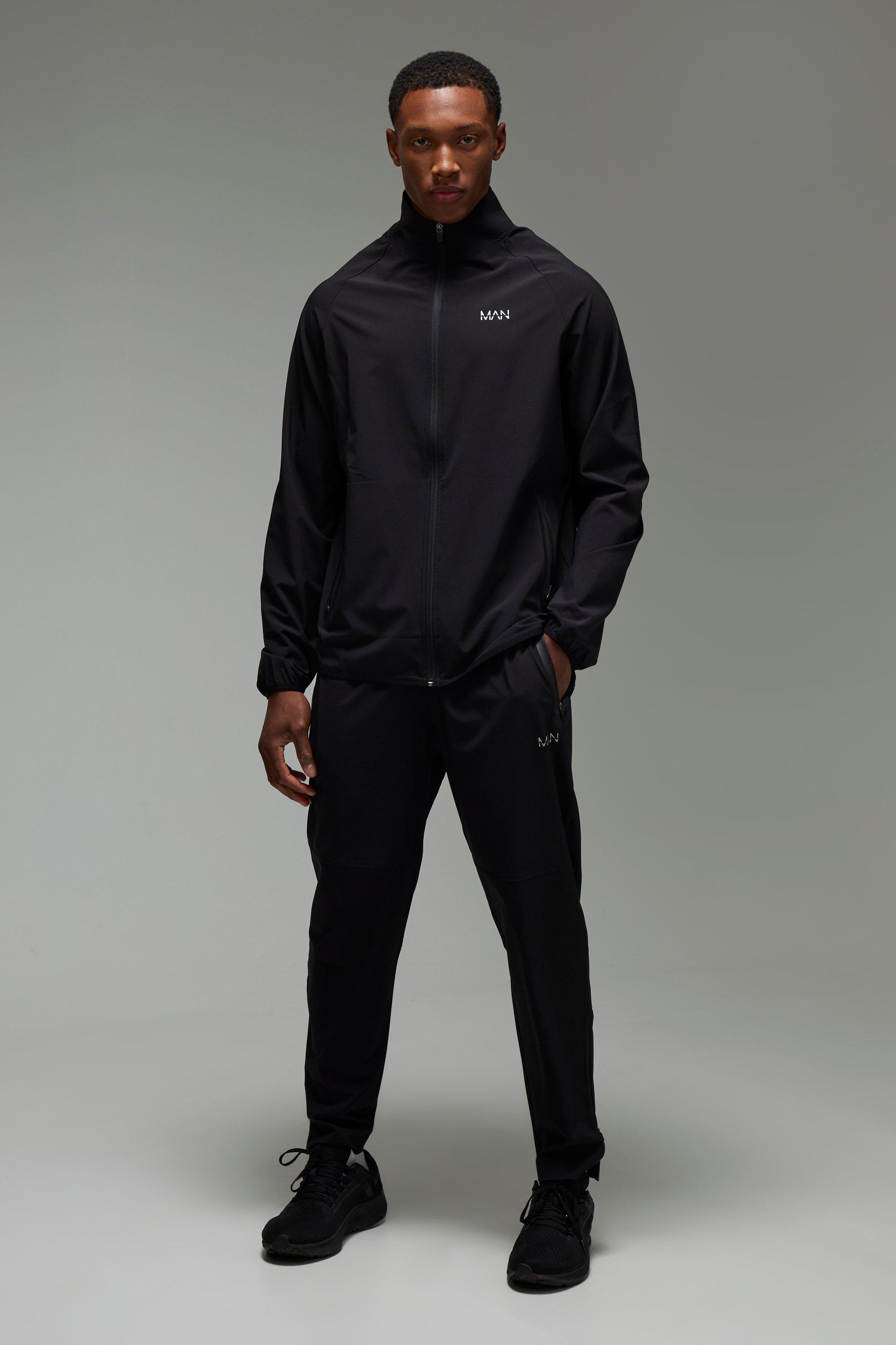 Mens Black Man Active Pro Stretch Woven Zip Through Tracksuit, Black